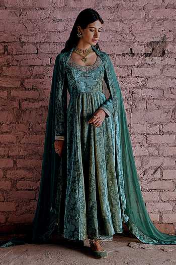 Women Green & Mustard Floral Long Anarkali
