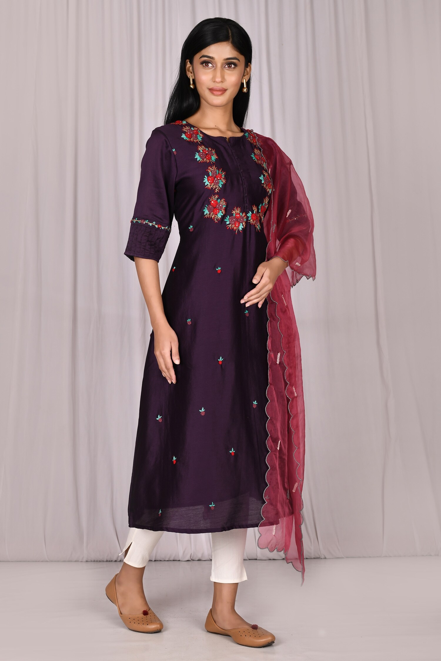 Buy Purple Floral Embroidered Kurta With Dupatta For Women by Arihant ...