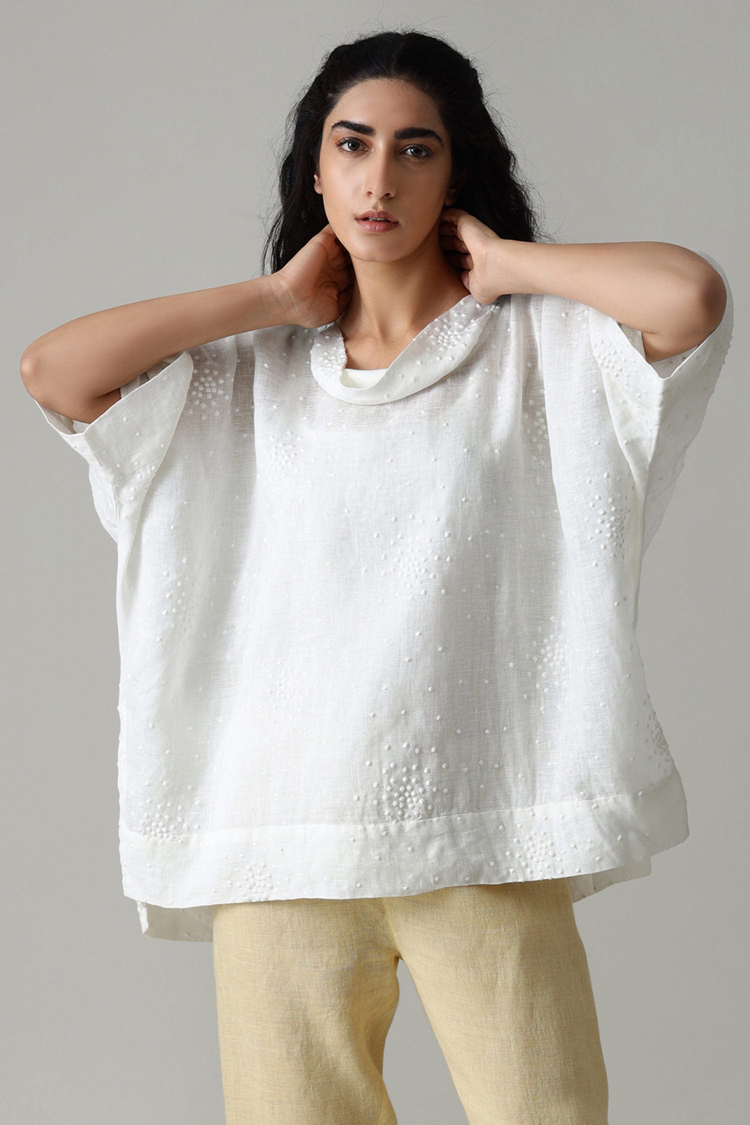 Buy Manan White Linen Draped Kaftan Top Online | Aza Fashions