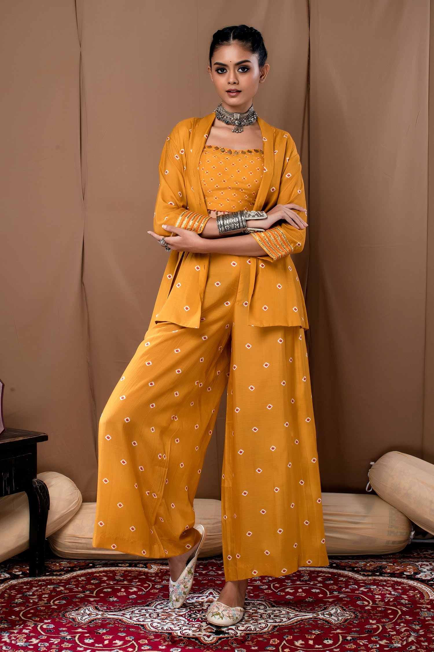 Label Kinjal Modi Yellow Cotton Silk Bandhani Palazzo Set With Jacket