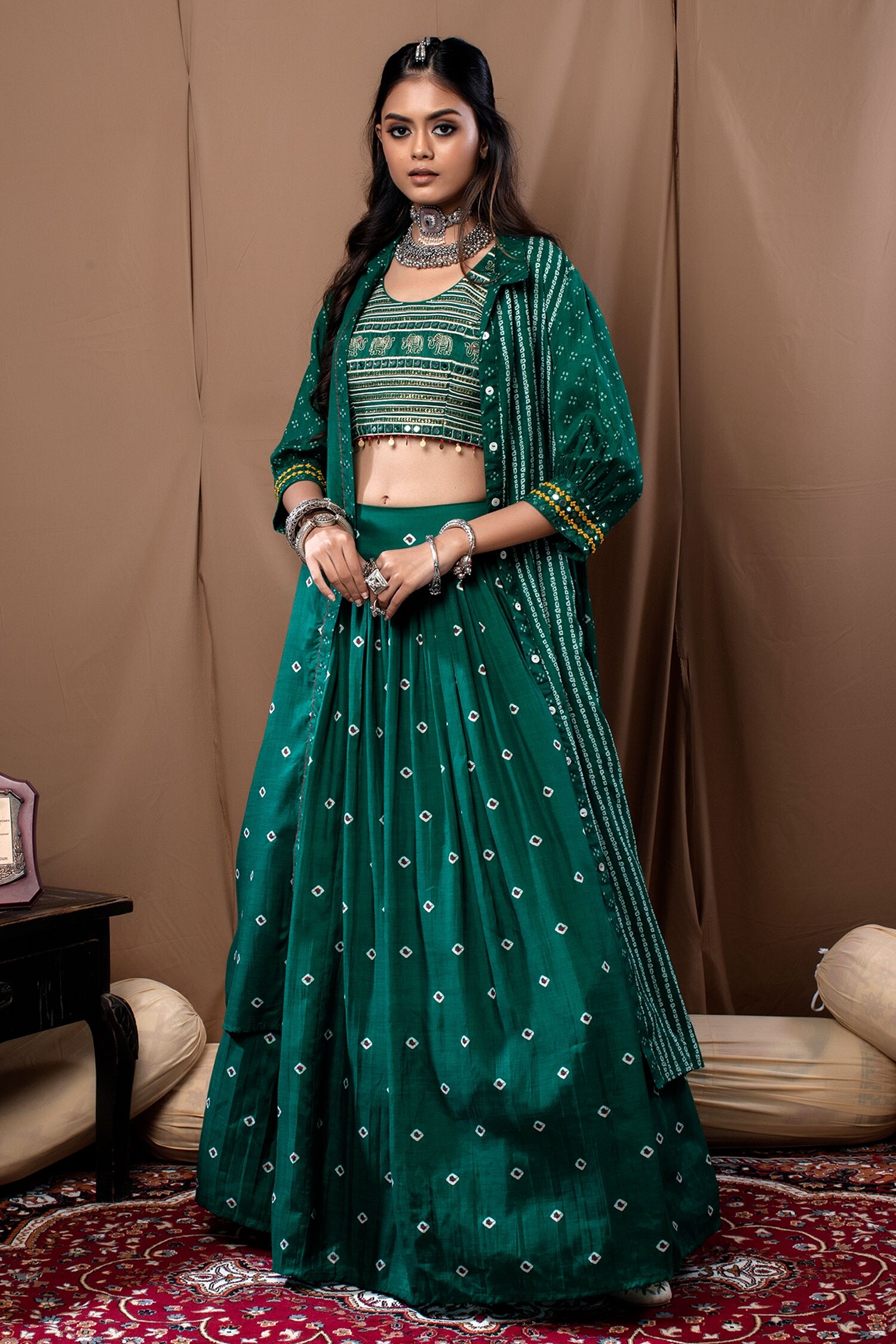 Shop Dark Green Benarasi Silk Printed Umbrella Lehenga Festive Wear Online  at Best Price | Cbazaar