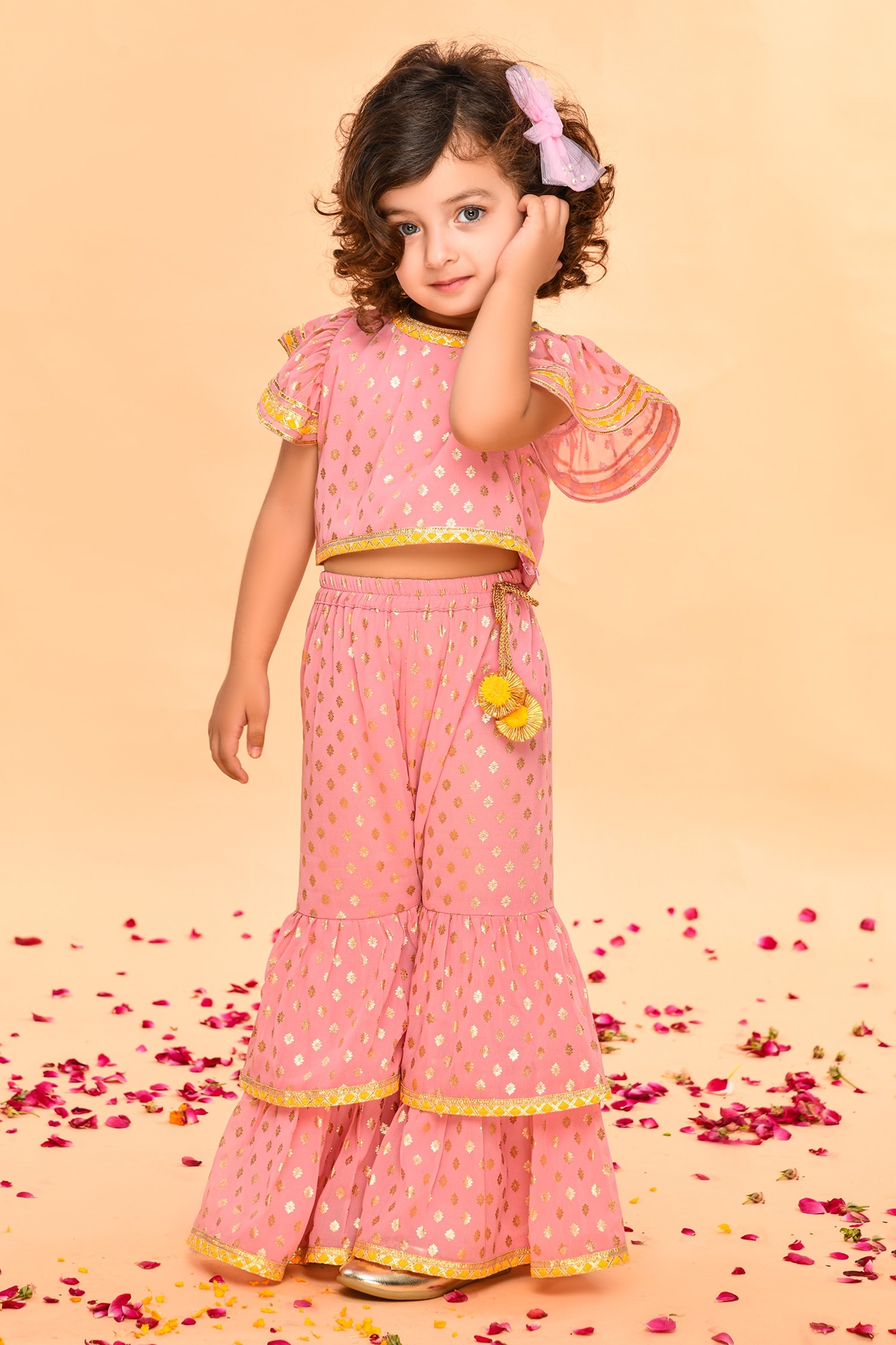 Saka Designs Peach Poly Georgette Printed Sharara Set For Girls