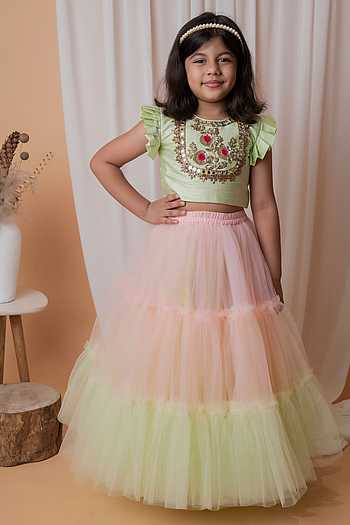 Blue Floral Top in Layered Frills With Lehenga in Printed Muslin for Girls
