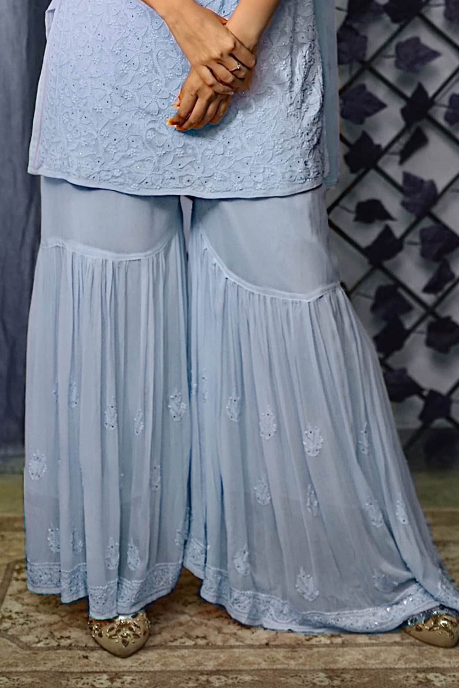LABEL AISHWARYRIKA - Blue Georgette Hand Embroidery Mukaish Notched  Chikankari Kurta For Women
