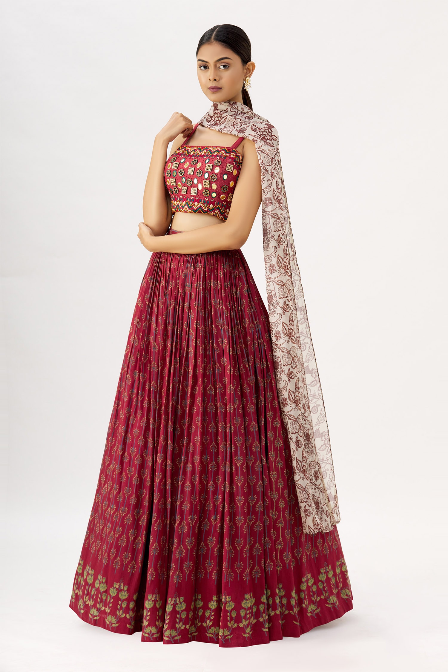Label Anushree Maroon Silk Crop Top And Block Print Lehenga Set
