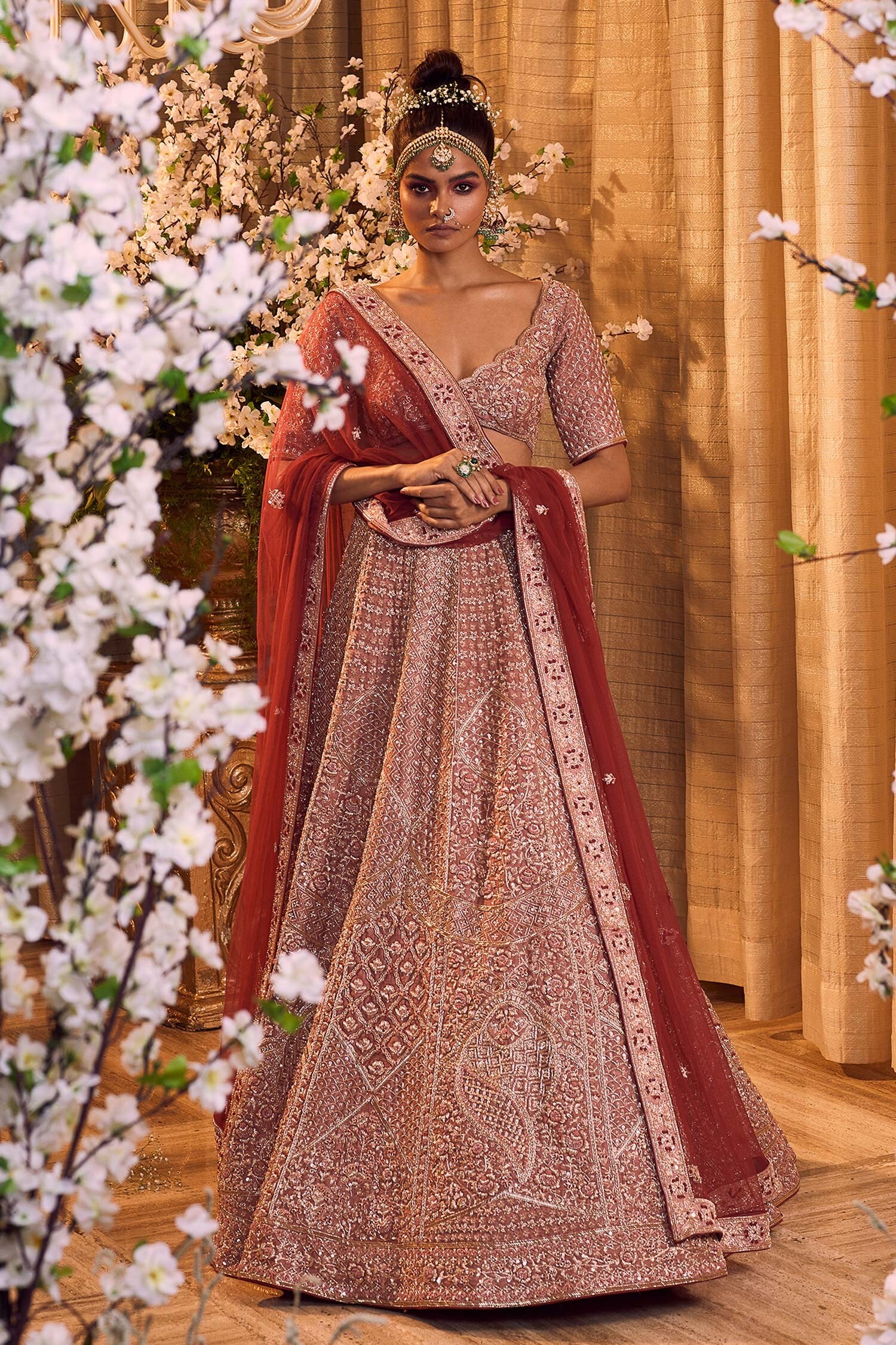 Buy Maroon Silk Embroidered Zardozi Plunge V Neck Floral Lehenga Set For Women By Bindani By 6113