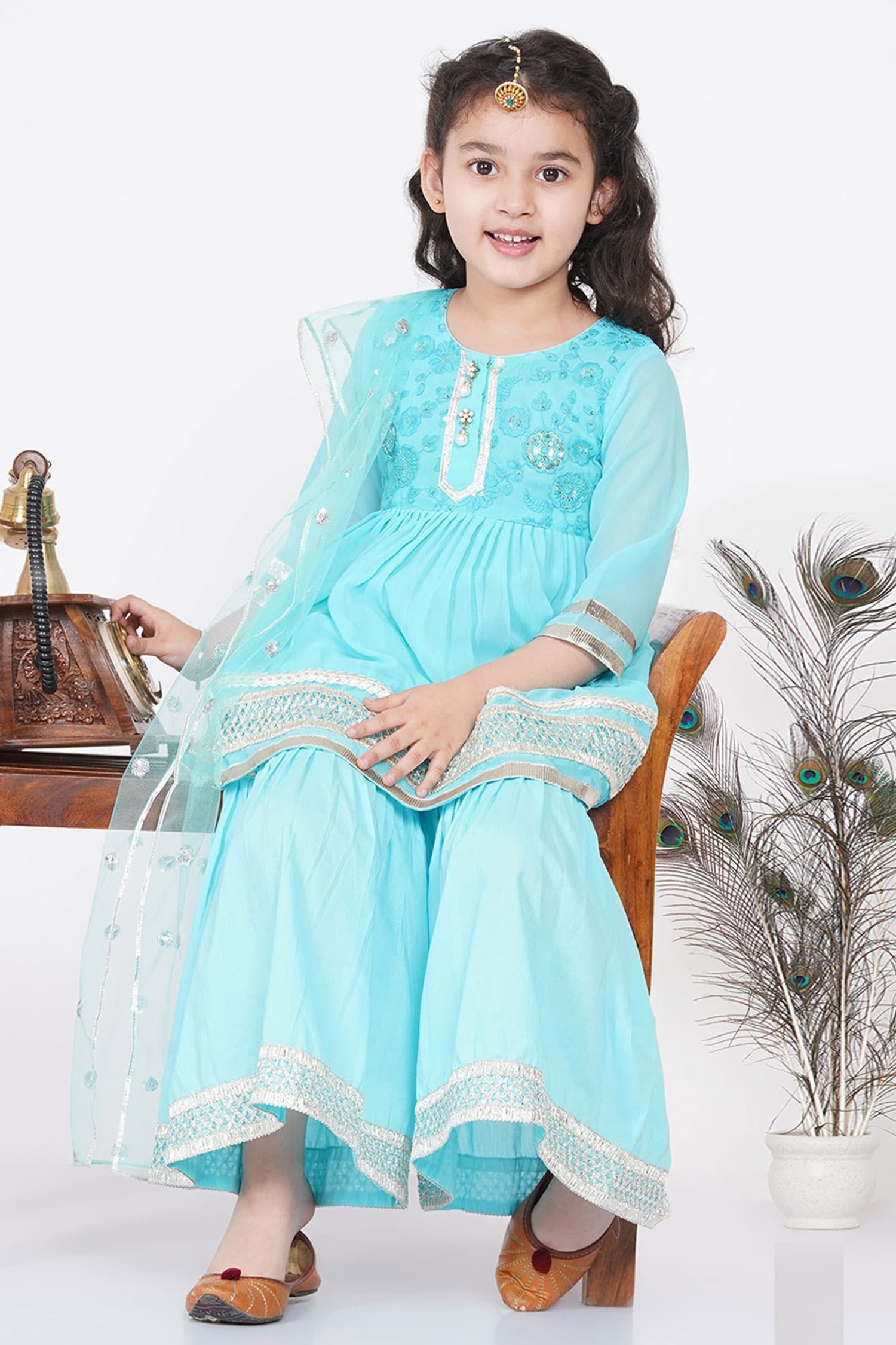 Buy Cream Cotton Hand Embroidered Floral Frock Kurta Sharara Set For Girls  by Little Bansi Online at Aza Fashions.