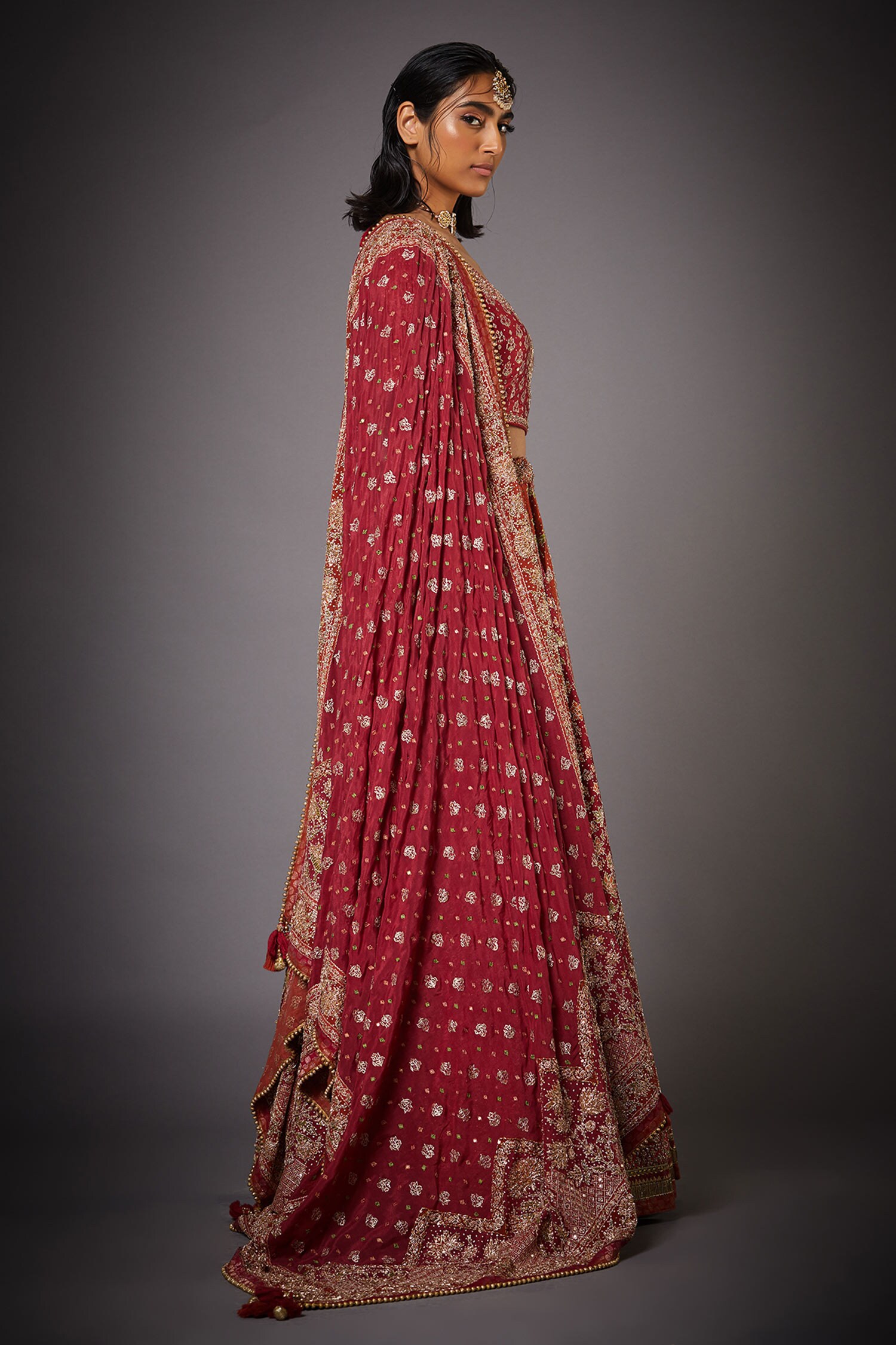 RI.Ritu Kumar - Red Silk Satin Round Embroidered Bridal Lehenga Set For  Women