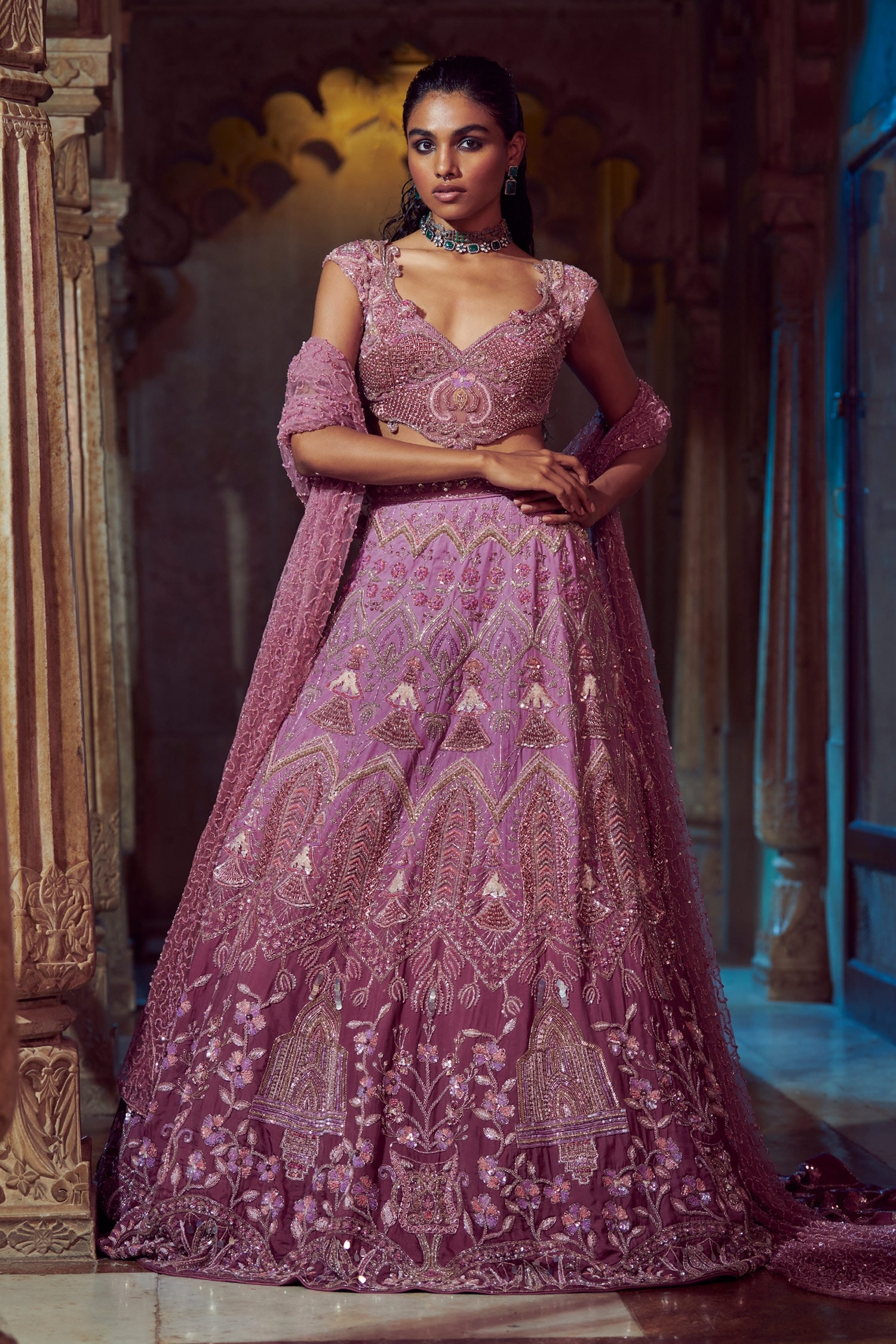 Buy Purple Net Embroidery Floral Sweetheart Neck Bridal Lehenga Set For ...