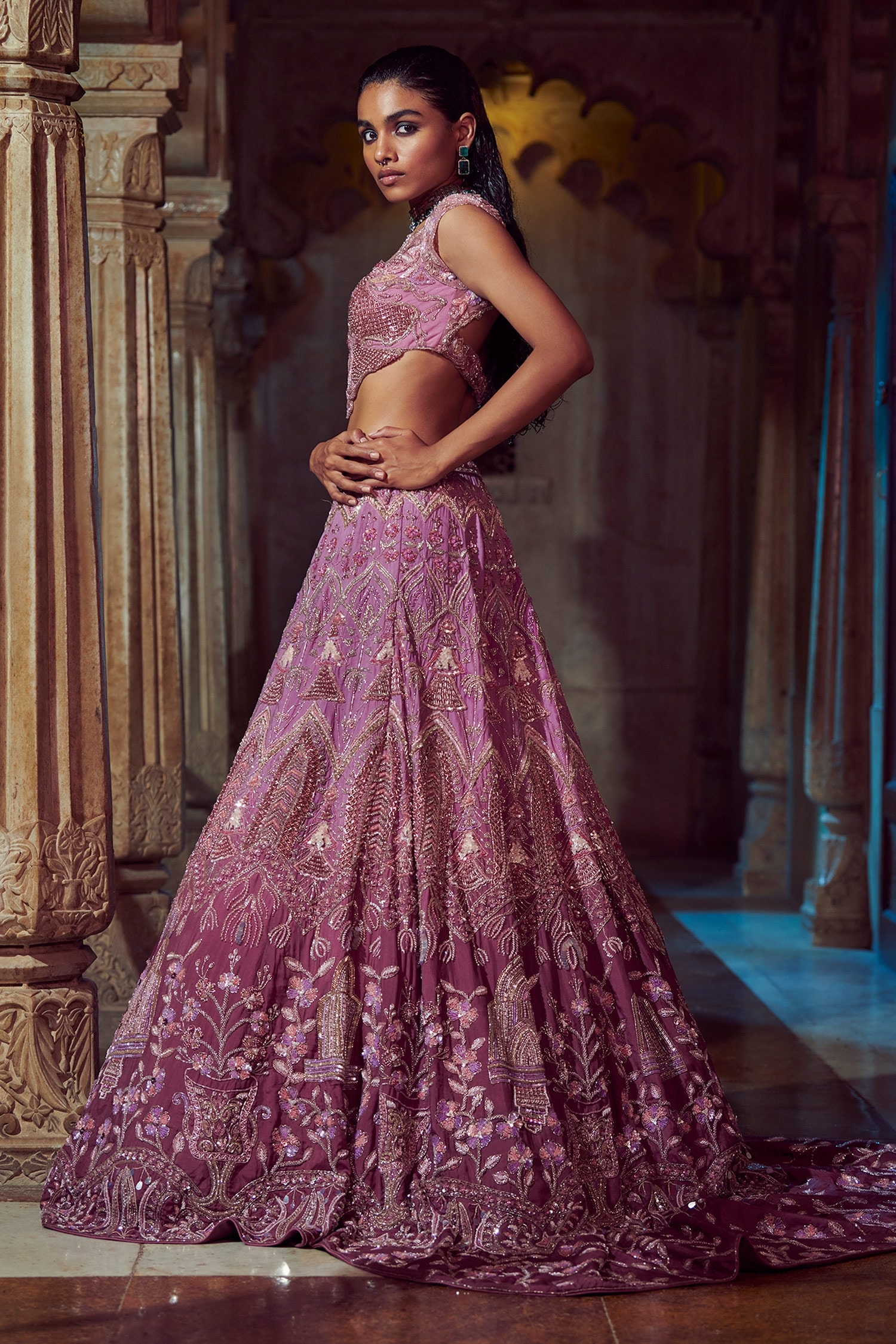 Buy Bindani by Jigar & Nikita Purple Net Floral Embroidered Lehenga Set ...