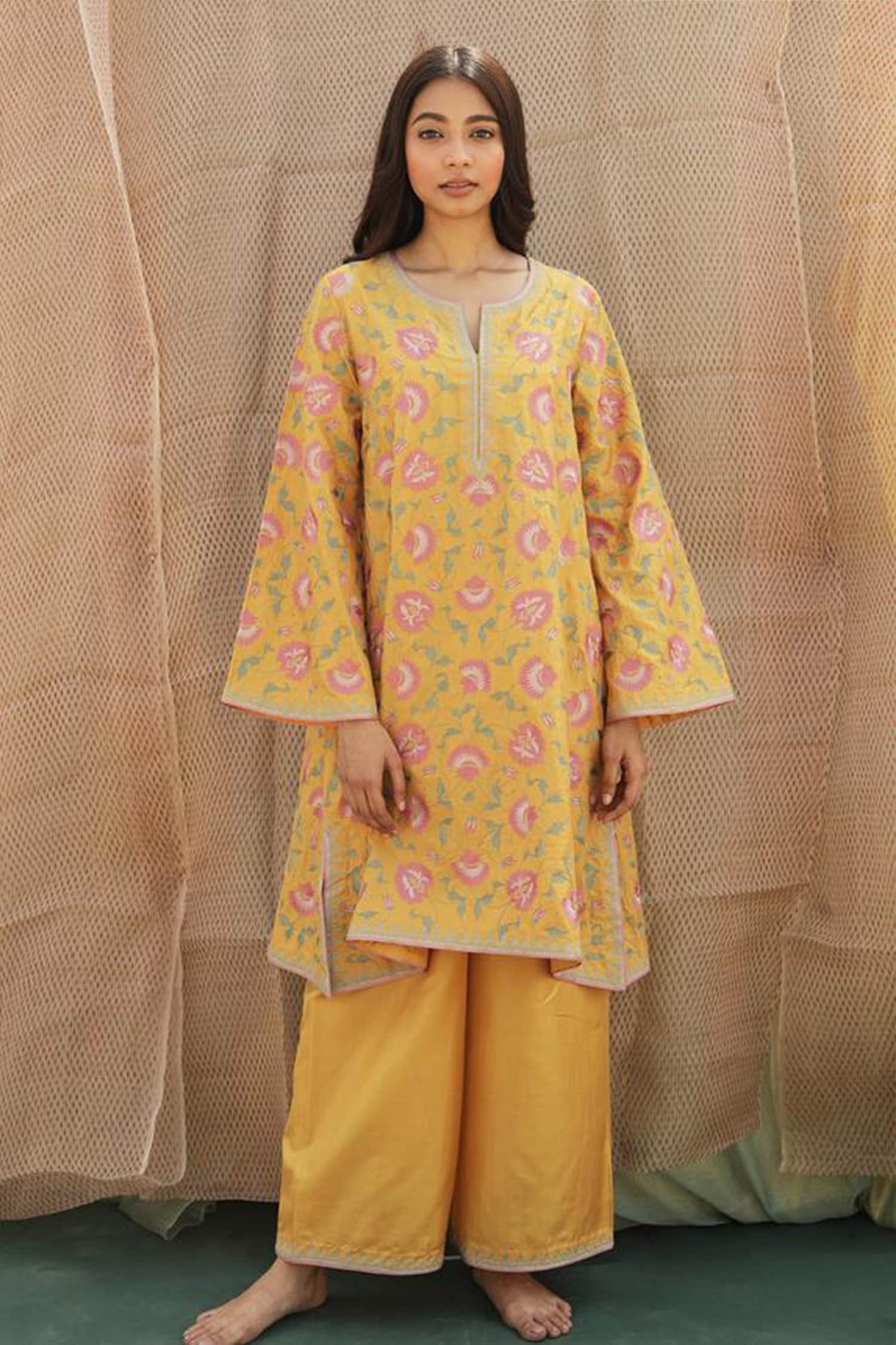 Buy Yellow Silk Embroidered Kurta And Palazzo Set For Women by Lajjoo C ...