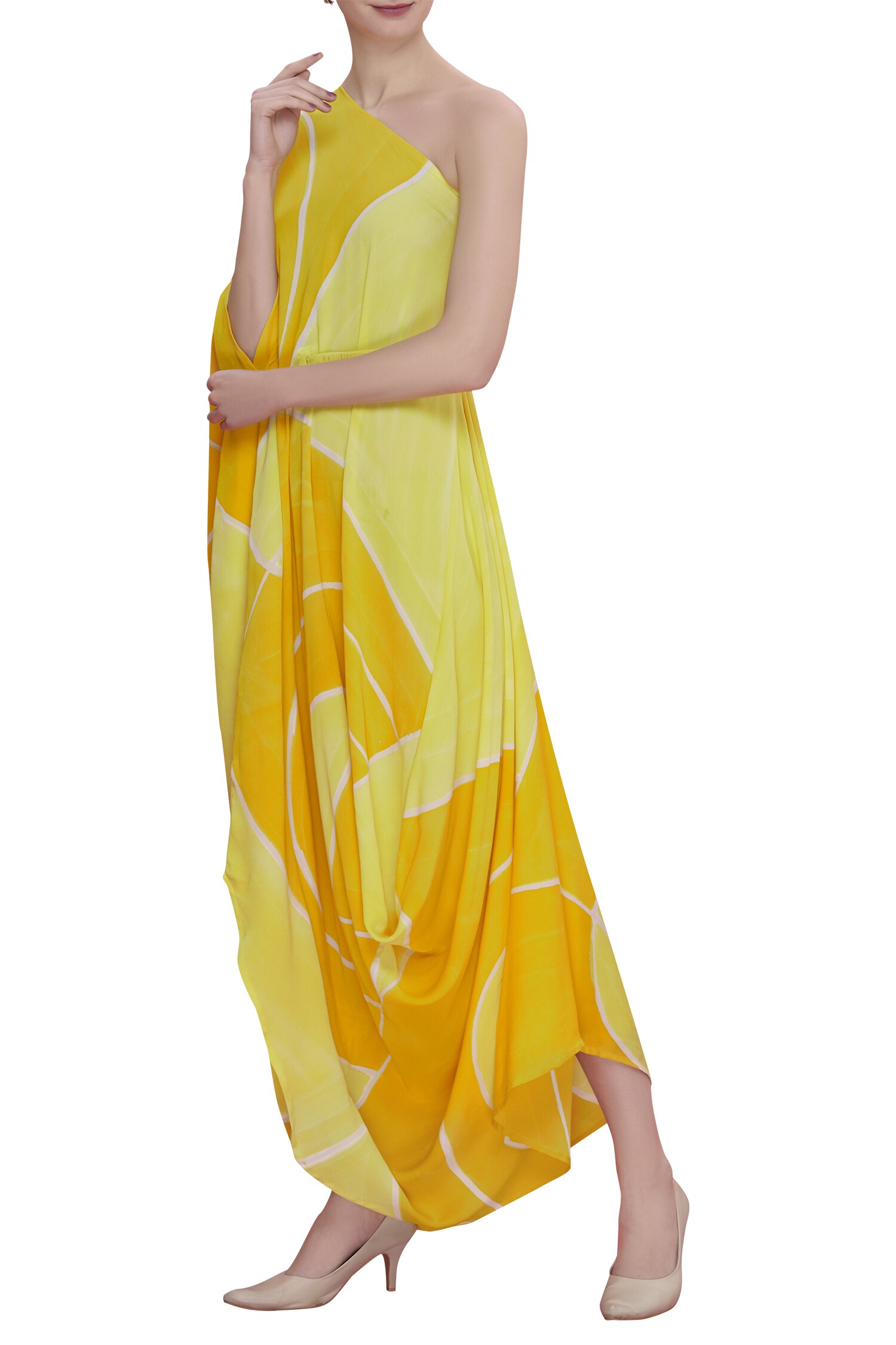 Buy Vedika M Yellow Cowl Draped Dress With Belt Online | Aza Fashions