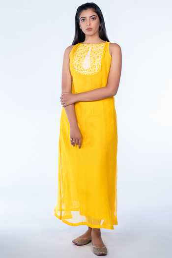 Blockprint Chanderi Trumpet Dress in Blue Yellow Multi