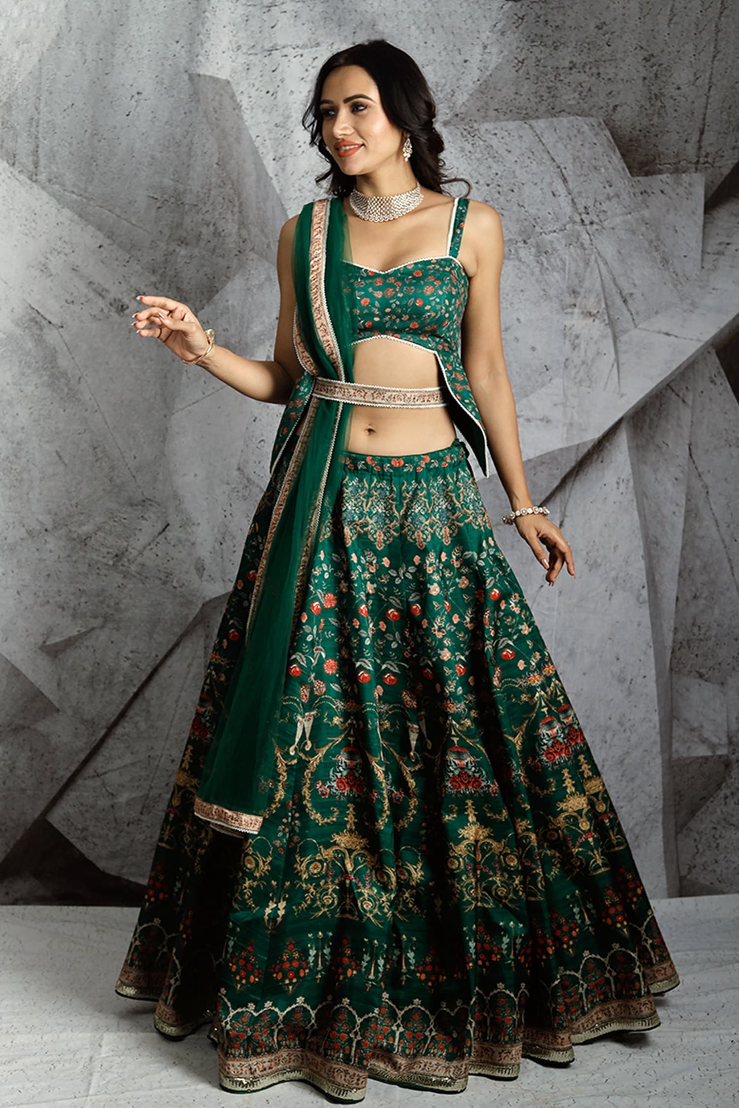 Archana Kochhar Emerald Green Blouse And Lehenga: Raw Silk; Dupatta: Net Print & Set For Women