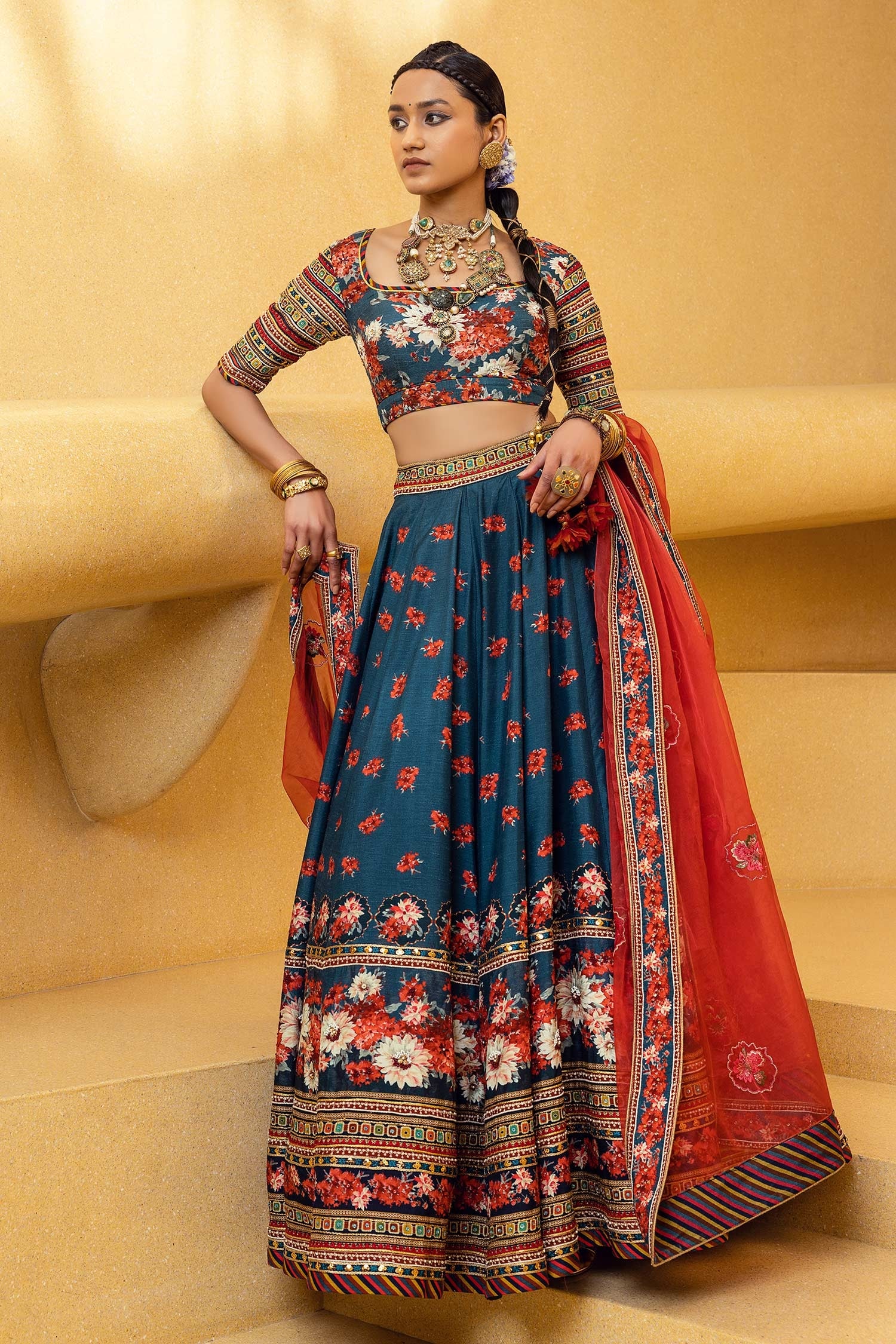 Buy Blue Blouse And Lehenga Skirt: Natural Silk Printed Floral Inayat ...