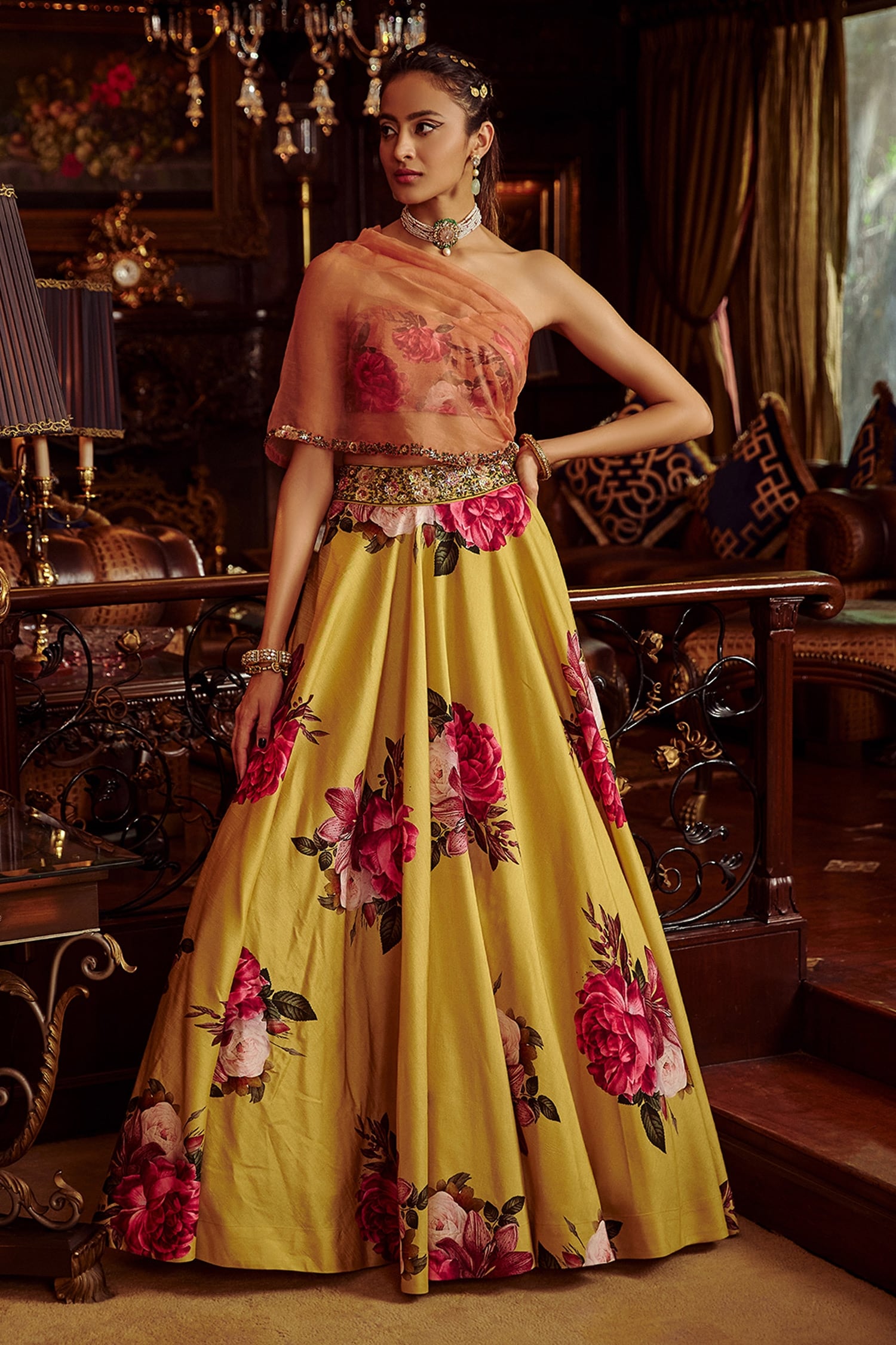 Buy Yellow Hand Painted Floral Motifs One Erum Draped Choli And Lehenga ...