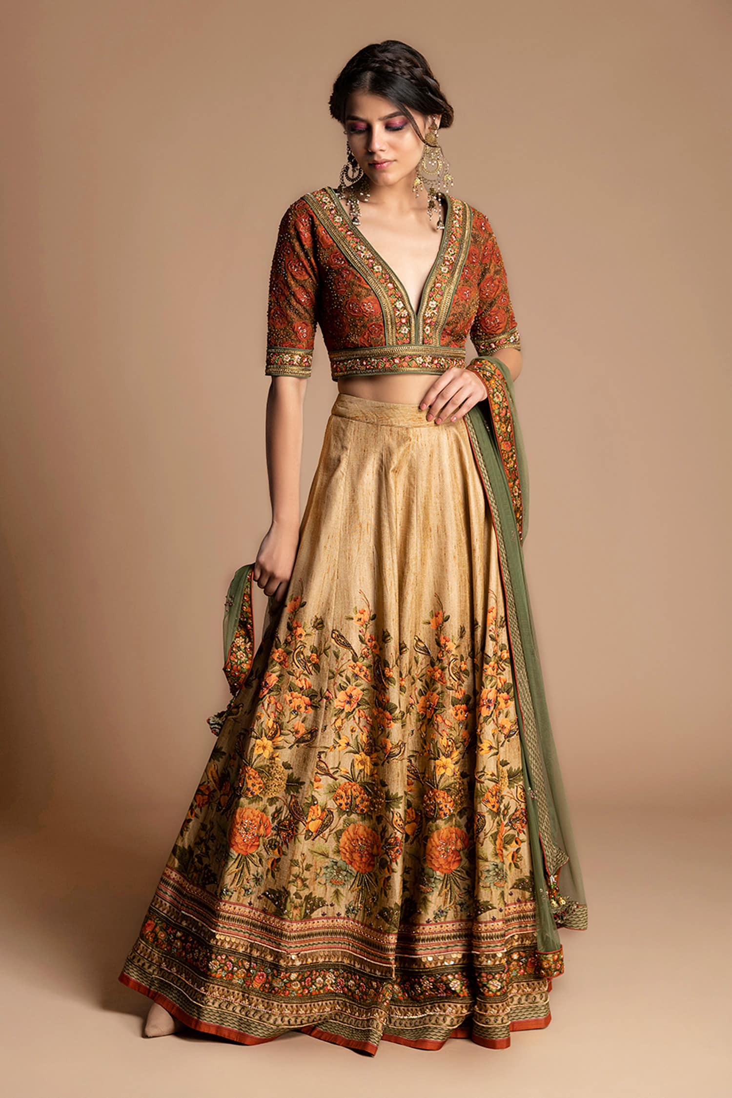 Buy Beige Dola Silk V Neck Printed Lehenga Set For Women by Kalista ...