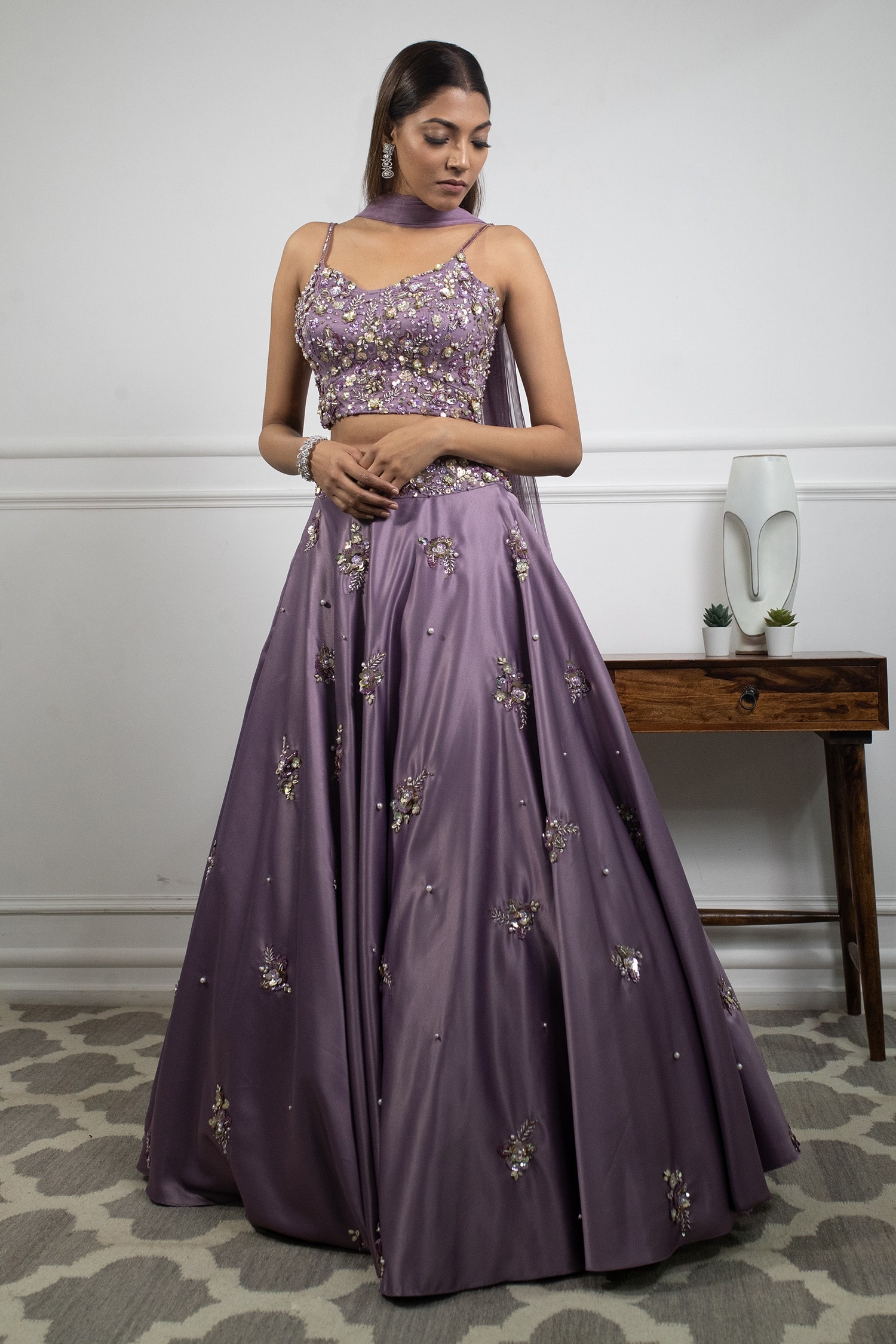 Buy Purple Dutch Satin Embroidery V Neck Lehenga Set For Women by PARUL ...