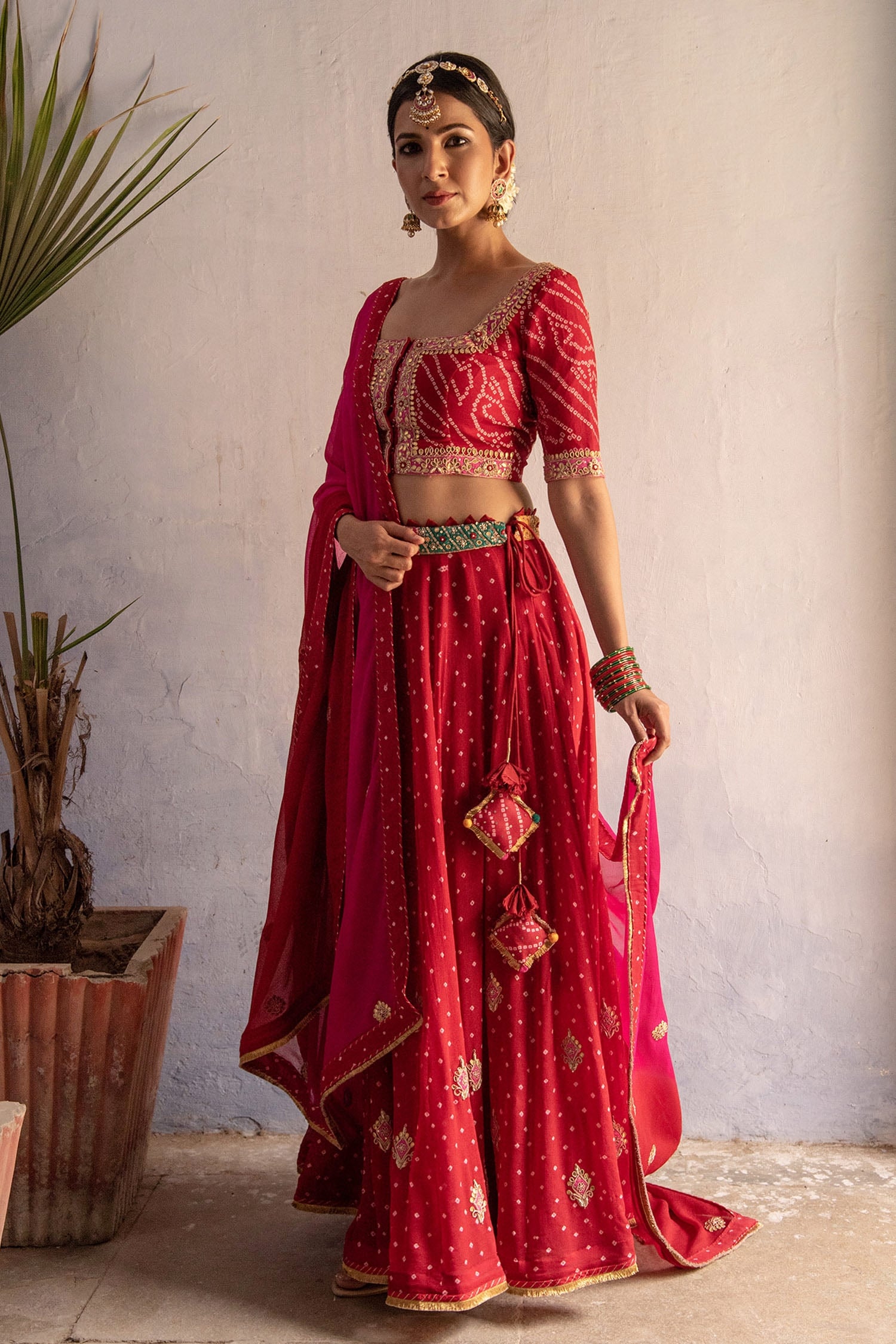 Buy Red Georgette Hand Embroidered Gota Work Square Neck Bandhej Bridal ...