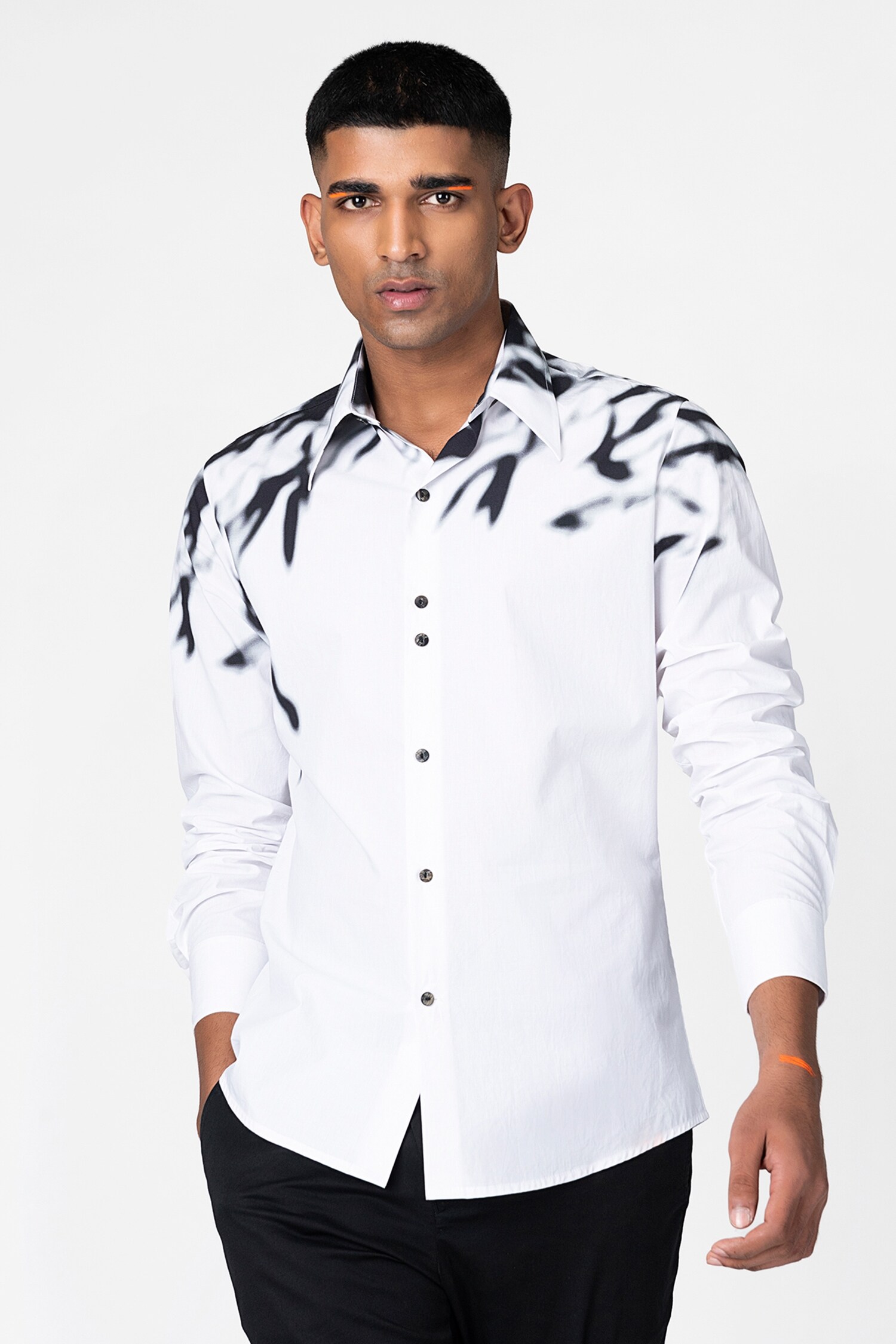 Genes Lecoanet Hemant White Cotton Printed Bamboo Leaves Leaf Shirt For Men