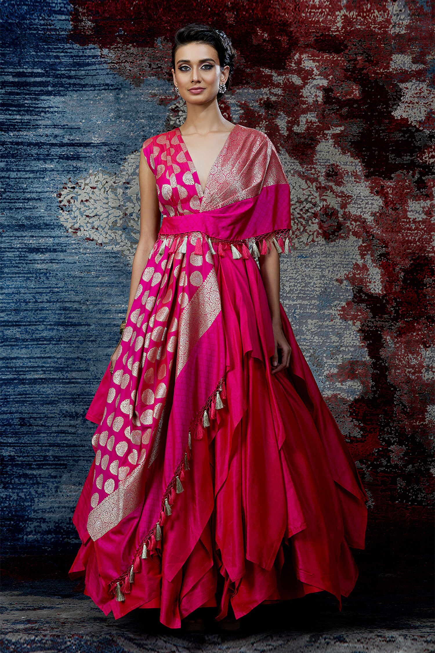Buy Shantnu Nikhil Pink Raw Silk Brocade Draped Blouse And Lehenga Set ...