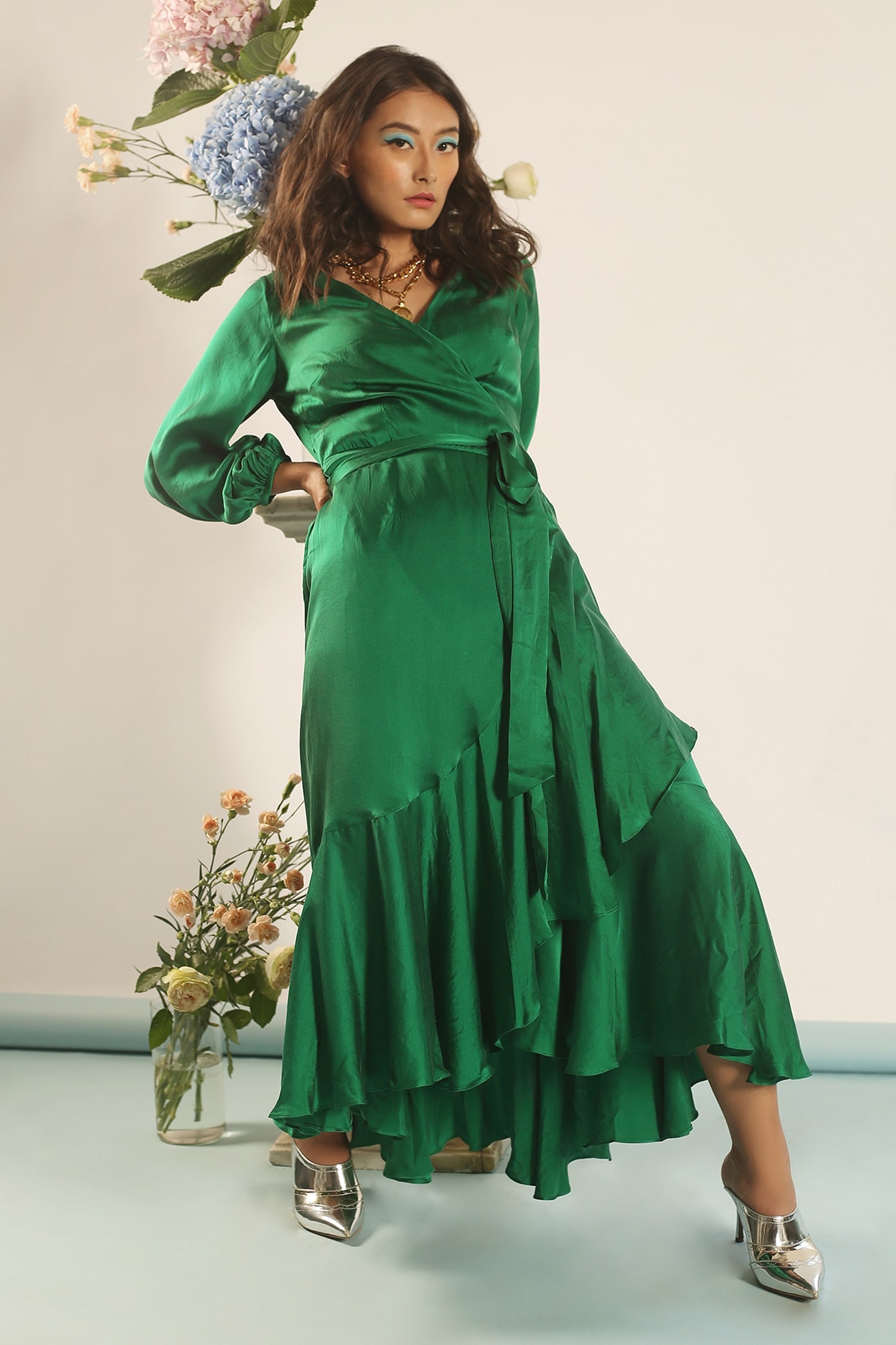 Buy Green Silk Satin Plain V Neck Aleah Midi Dress For Women by Your ...