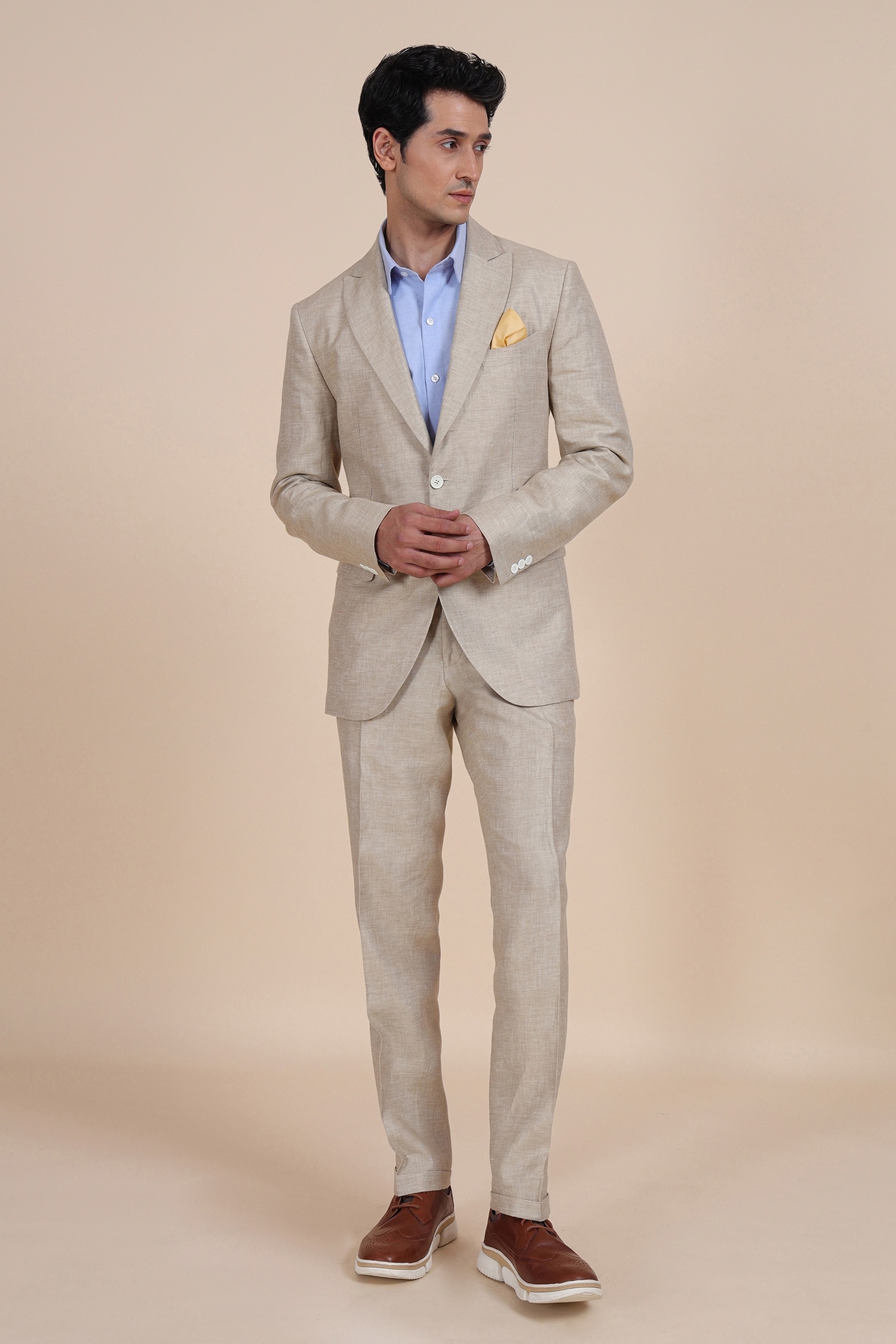 Buy Beige Linen Plain Suit And Pant Set For Men by Raghavendra Rathore ...