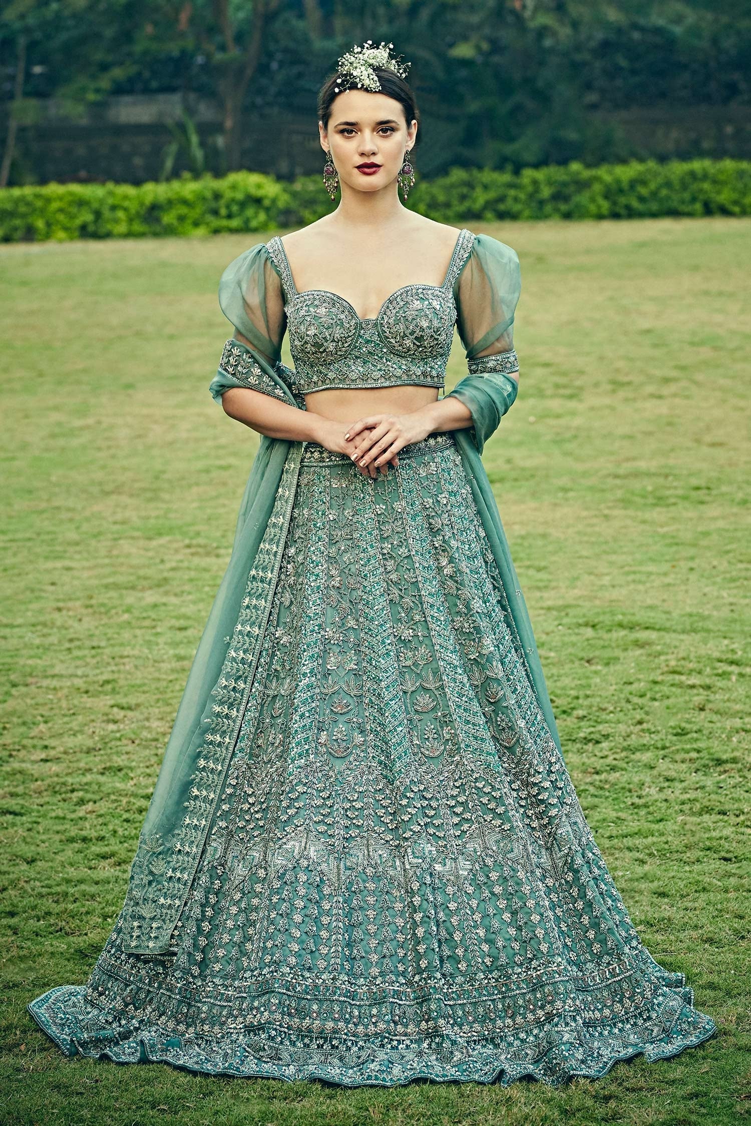 Buy Bindani by Jigar & Nikita Blue Organza Floral Embroidered Lehenga ...