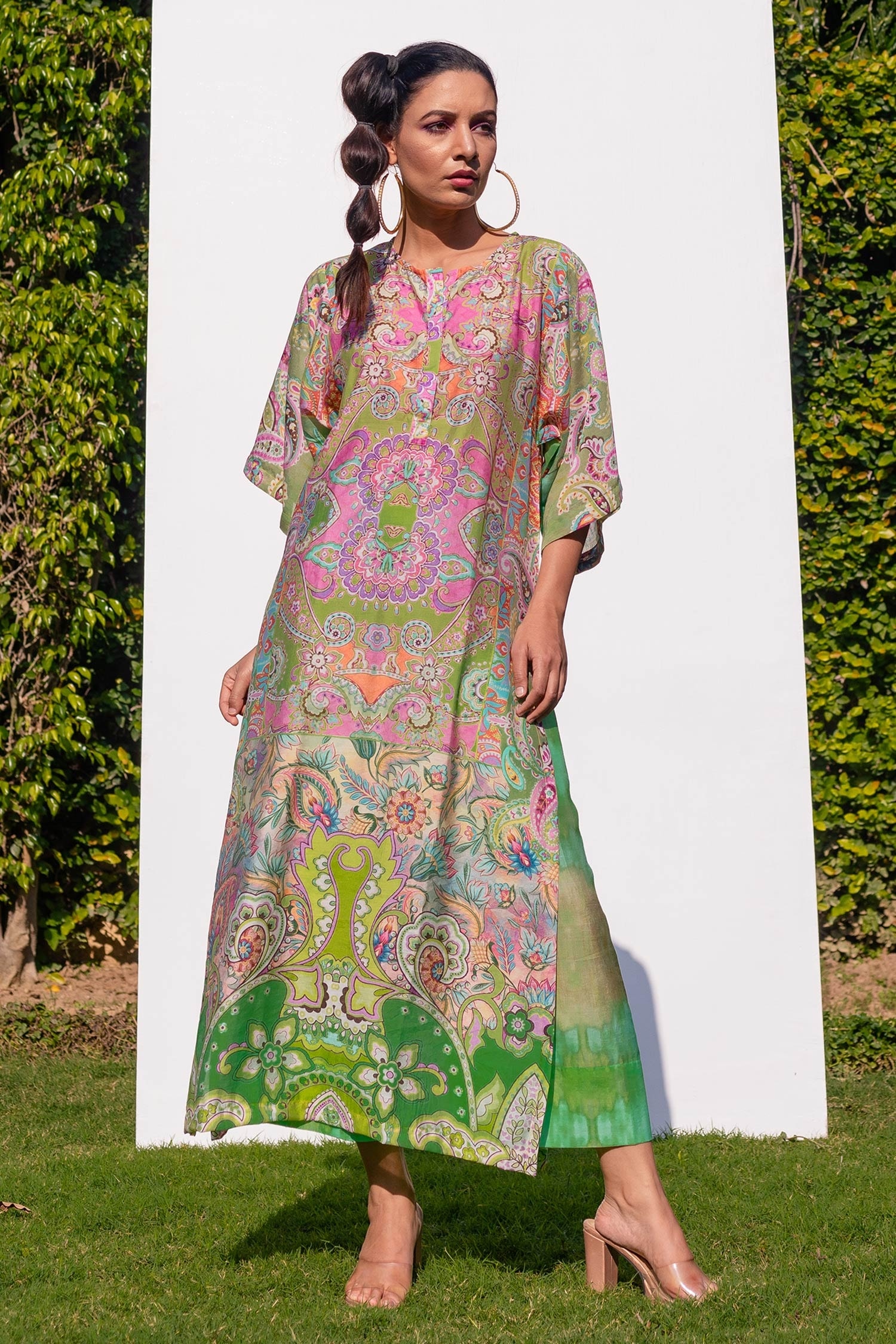 Buy Multi Color Cotton Silk Digital Kaftan Kurta And Palazzo Set For ...