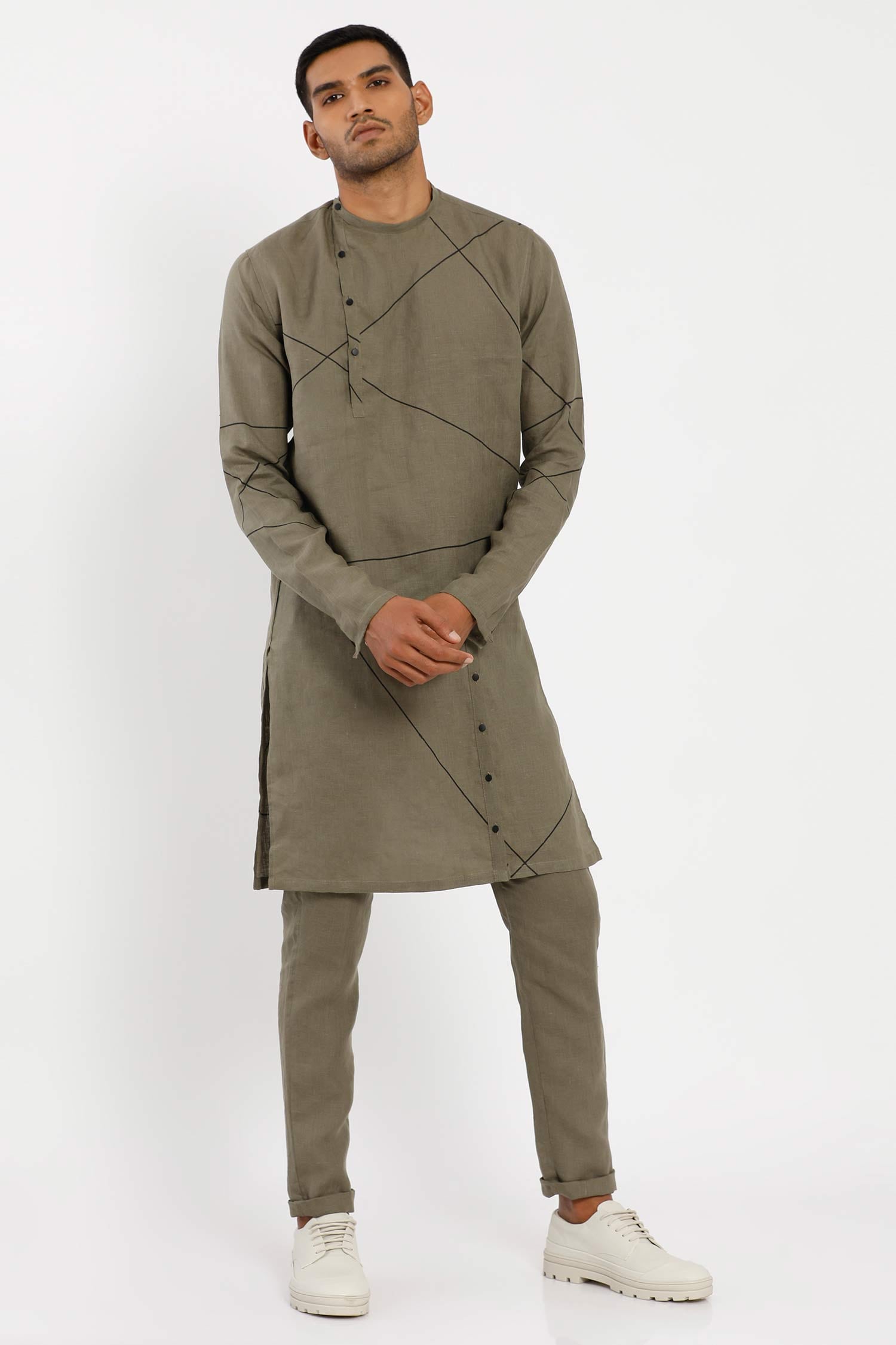 Buy Son of A Noble Snob Green Linen Striped Kurta Online | Aza Fashions