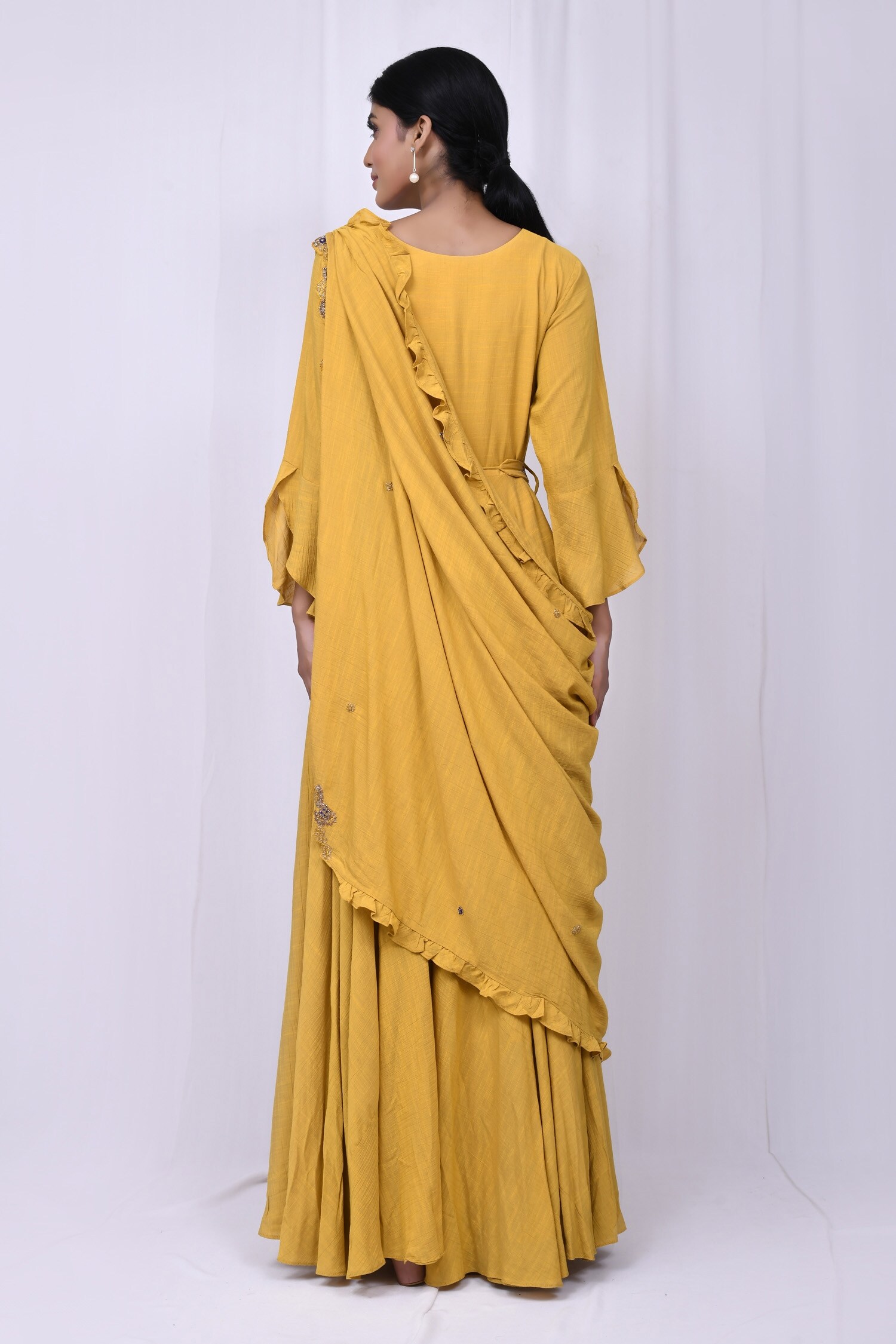 Buy Arihant Rai Sinha Yellow Chiffon Silk Embroidered Predraped Gown