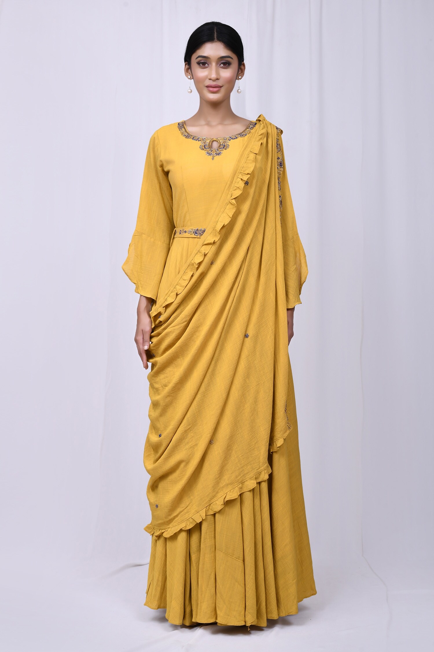 Buy Arihant Rai Sinha Yellow Chiffon Silk Embroidered Predraped Gown