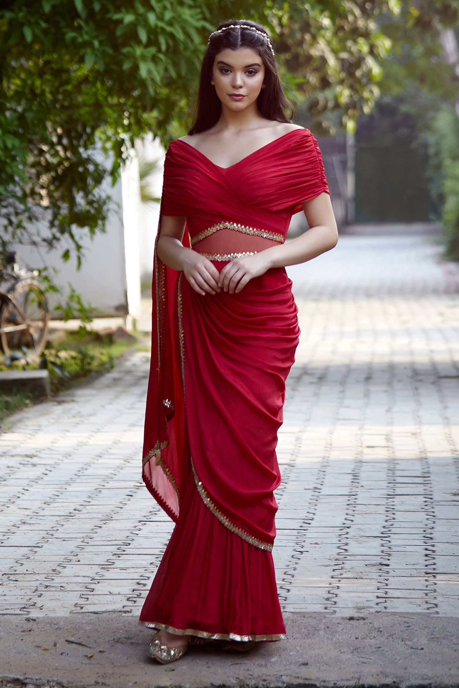 Buy Red Chiffon Wide Neck Pre-draped Sharara Pant Saree For Women by ...
