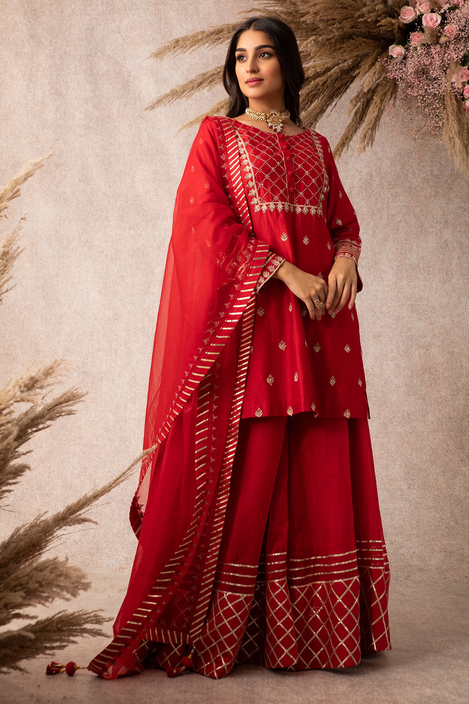 Buy Ajiesh Oberoi Red Chanderi Kurta Gharara Set Online | Aza Fashions