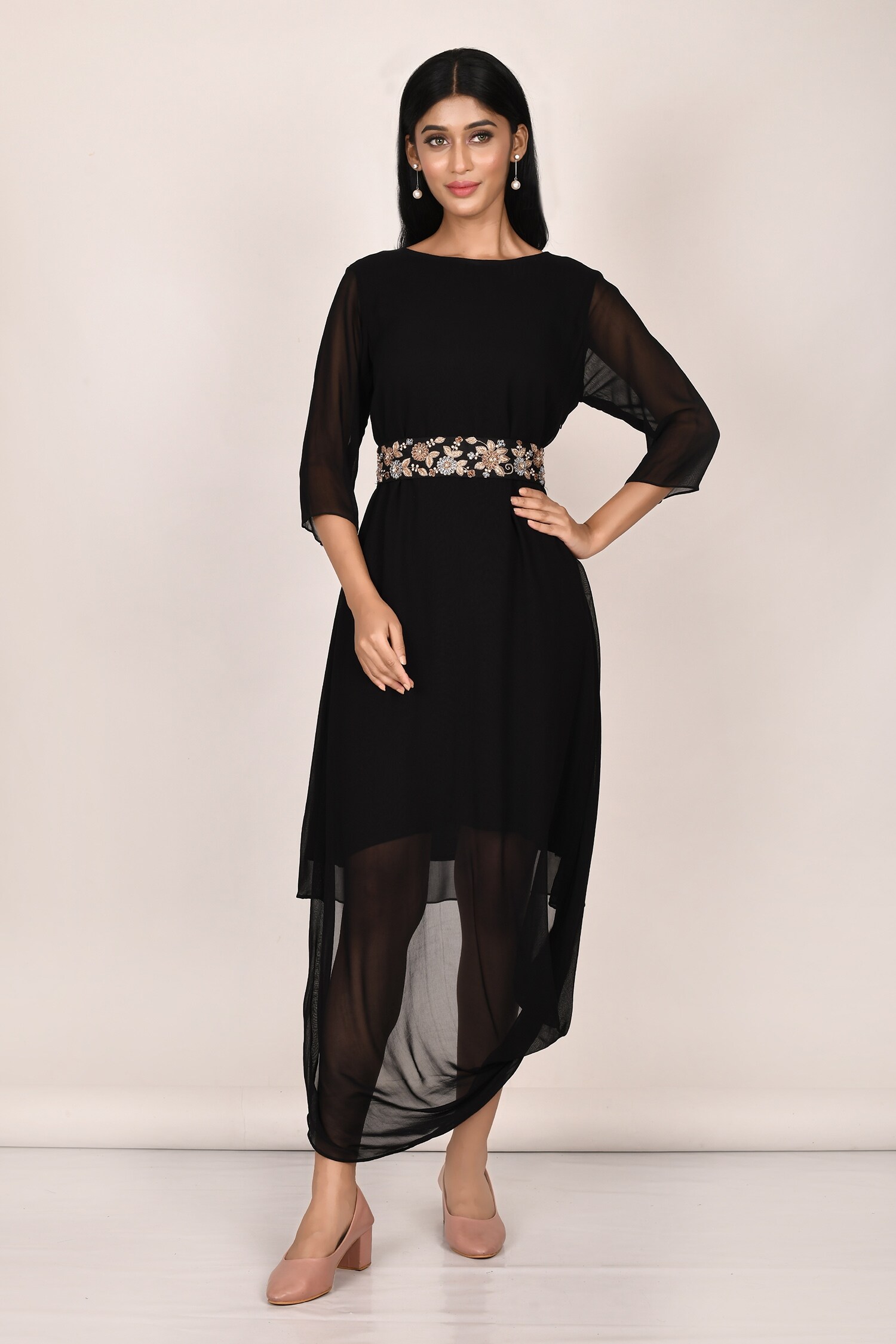 Buy Khwaab by Sanjana Lakhani Black Georgette Cowl Dress With Belt ...