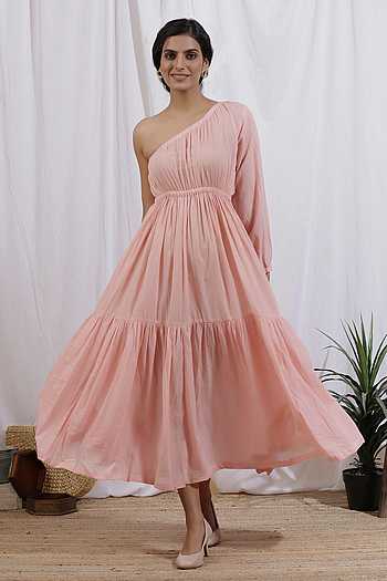 Sleeveless One Shoulder Ruched A-line Dress Peach