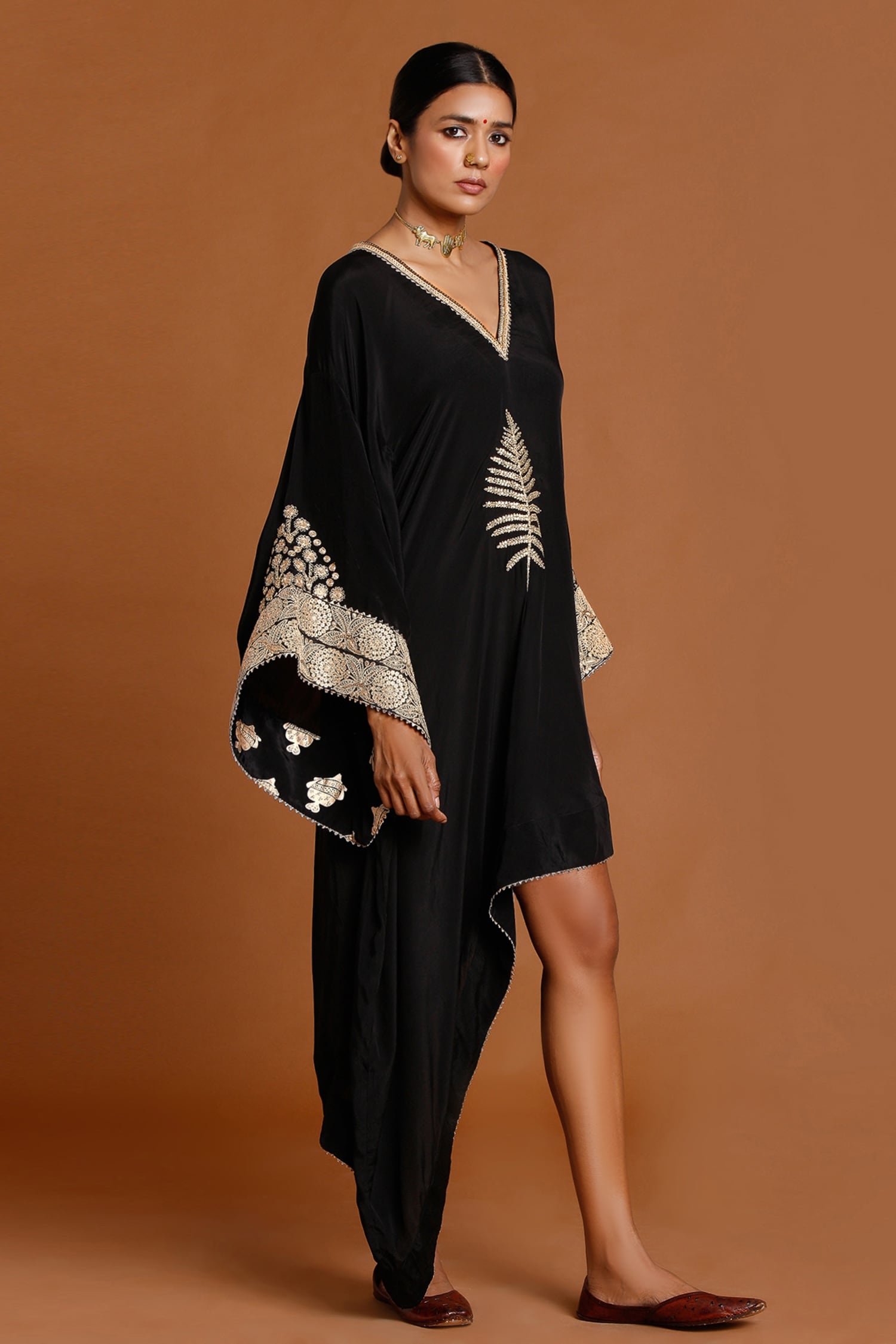 Buy Black Crepe Embroidery V Neck Asymmetric Kaftan For Women by 