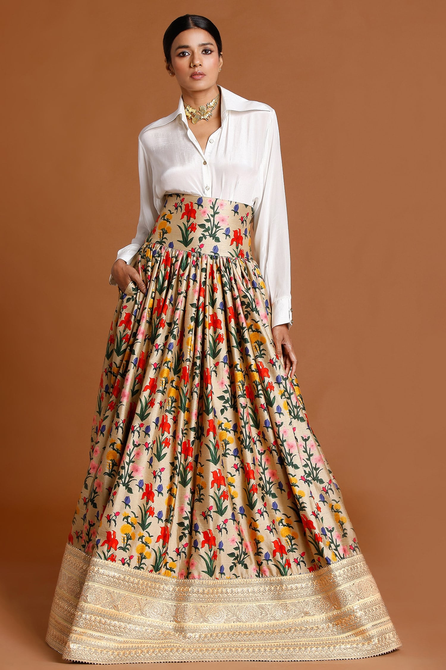 Masaba Beige Crepe And Raw Silk Printed Spread Collar Irish Cookie Lehenga Set For Women