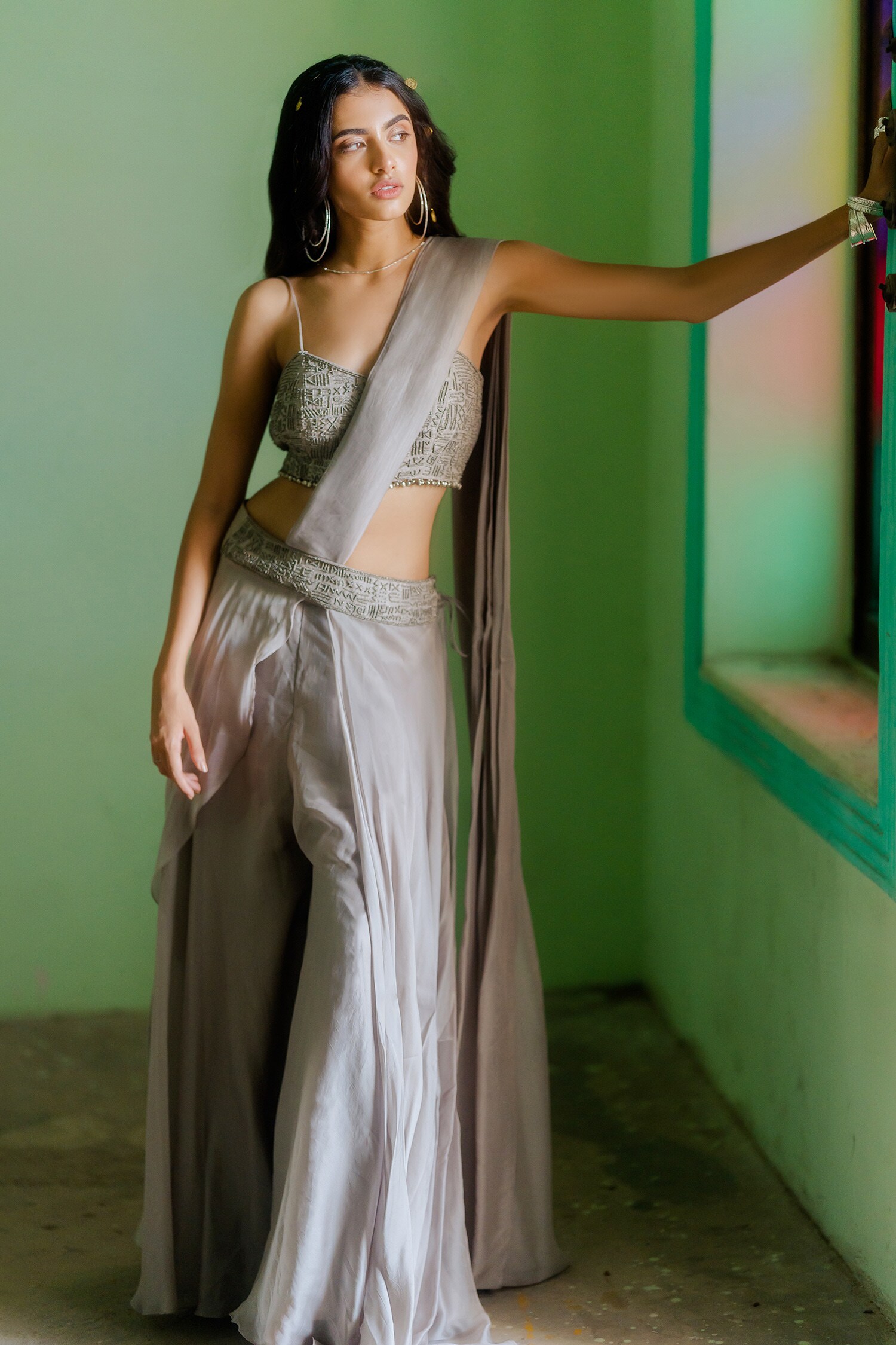 Buy Nikita Vishakha Grey Organza Embroidered Bralette Pant Set Online ...