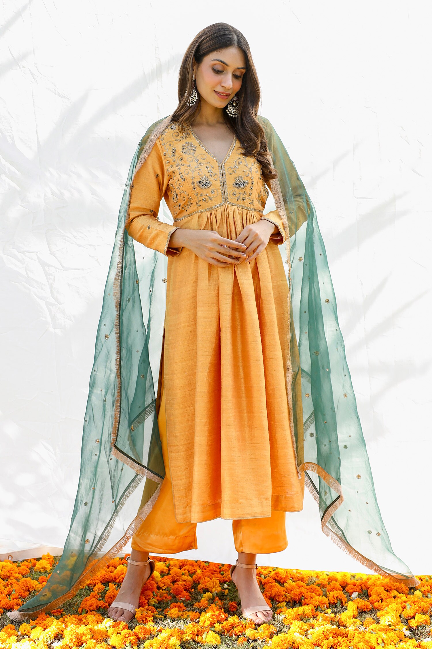 Buy Pairaahan Yellow Silk Floral Embroidered Kurta Set Online Aza