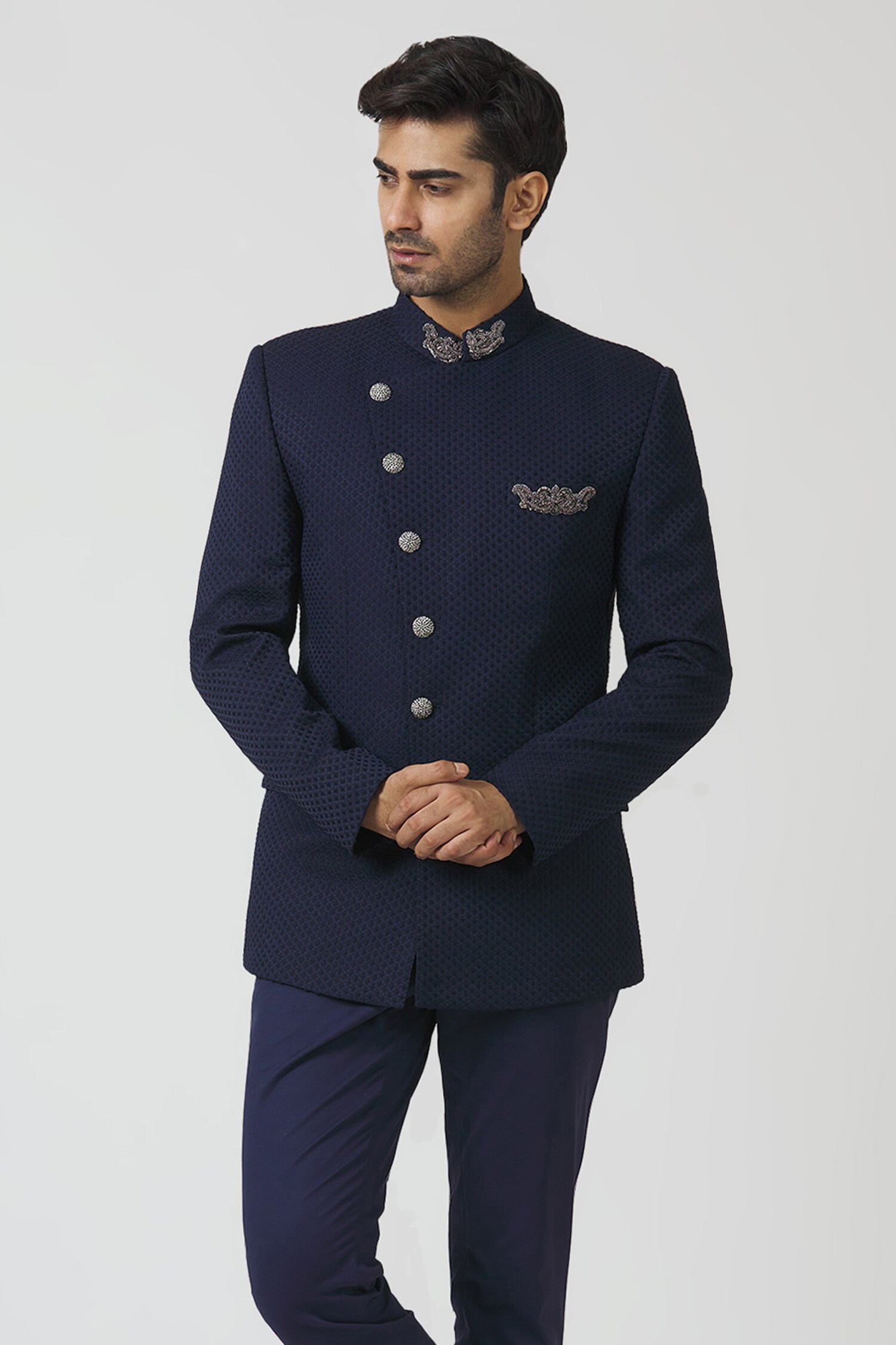 Buy Blue Cupro Embroidered Bandhgala With Pant For Men by Kommal Sood ...