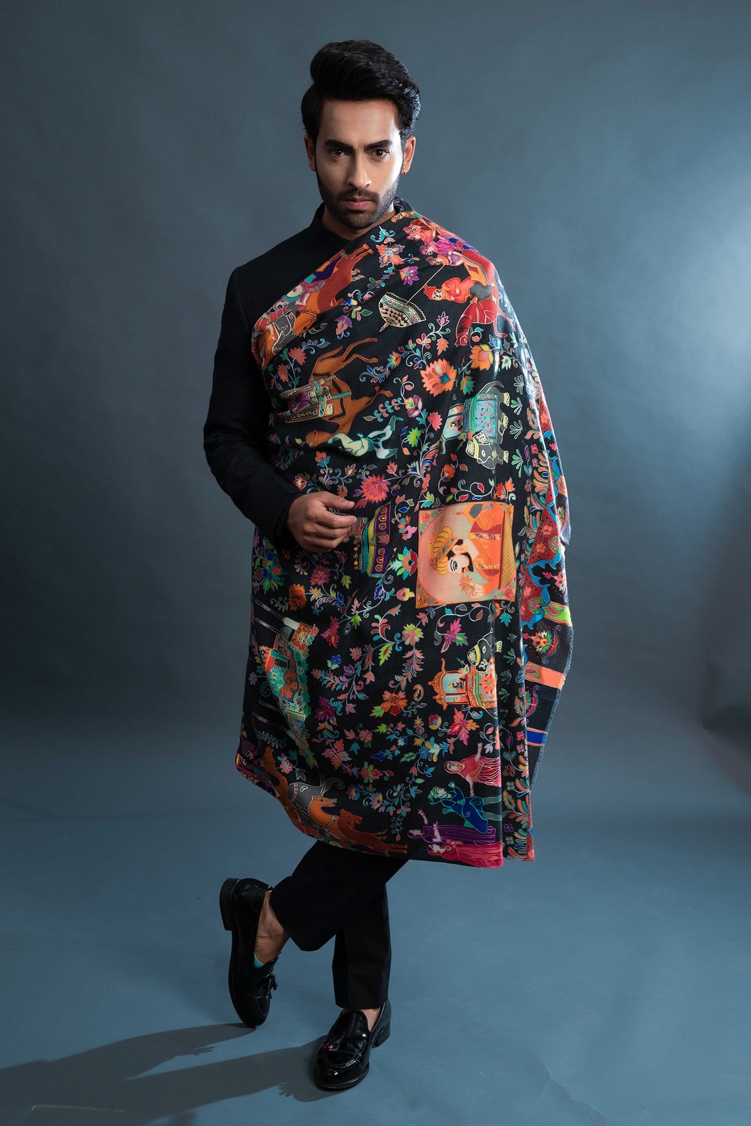 Taroob Black Kalamkari Work Pashmina Jaal Darbar Dushala