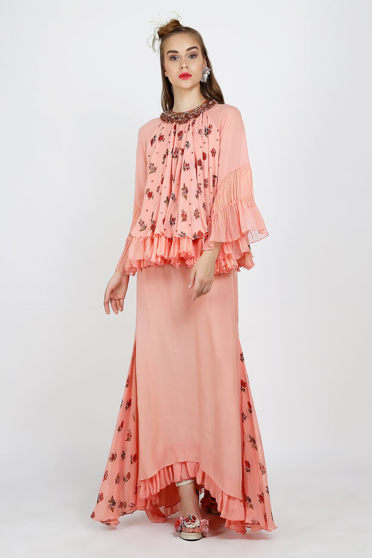 Nikasha Pink Printed Top And Ruffle Skirt Set