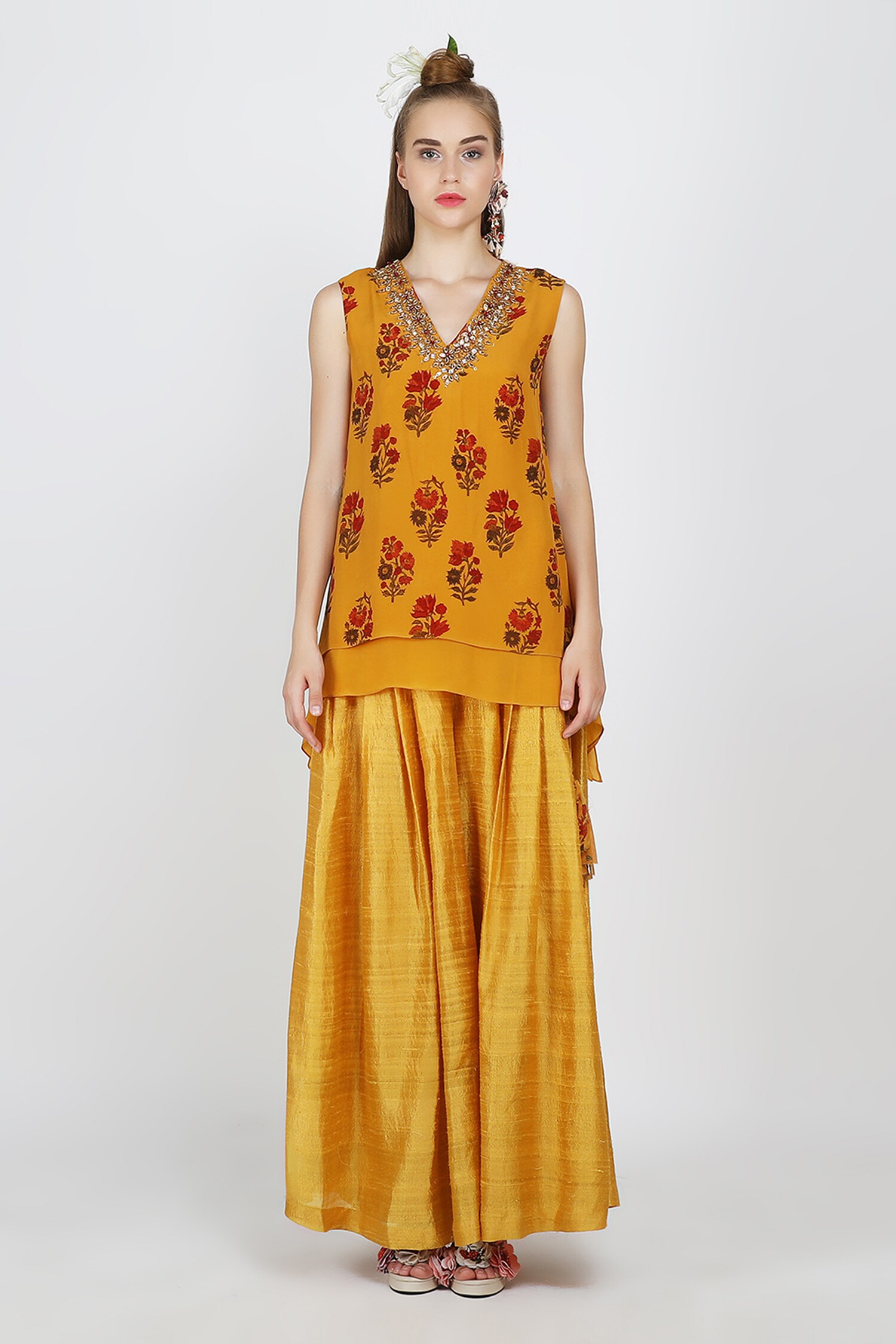 Nikasha Yellow Crepe Round Printed Tunic And Silk Skirt For Women