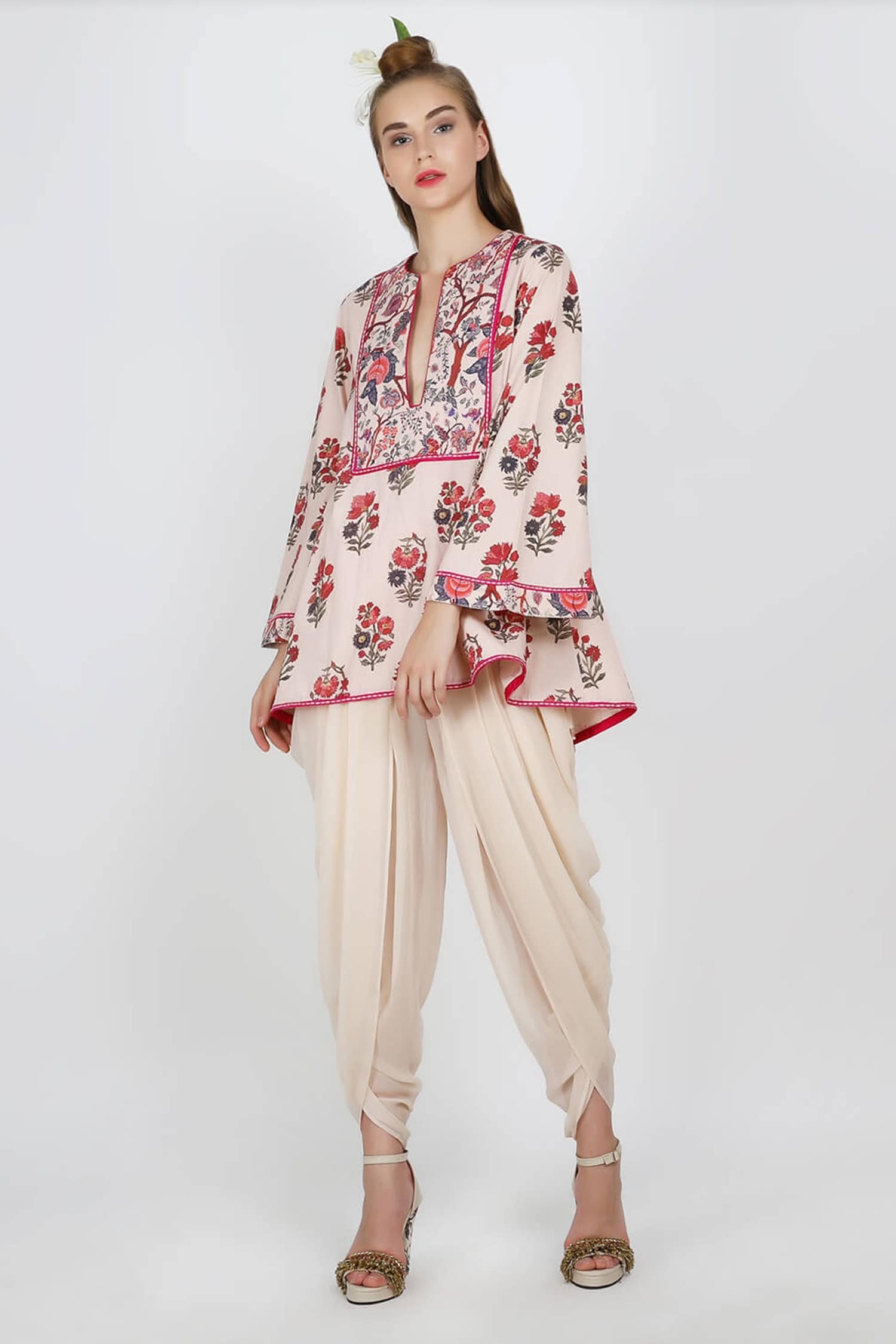 Nikasha Beige Poplin Printed Kurta And Dhoti Pant Set