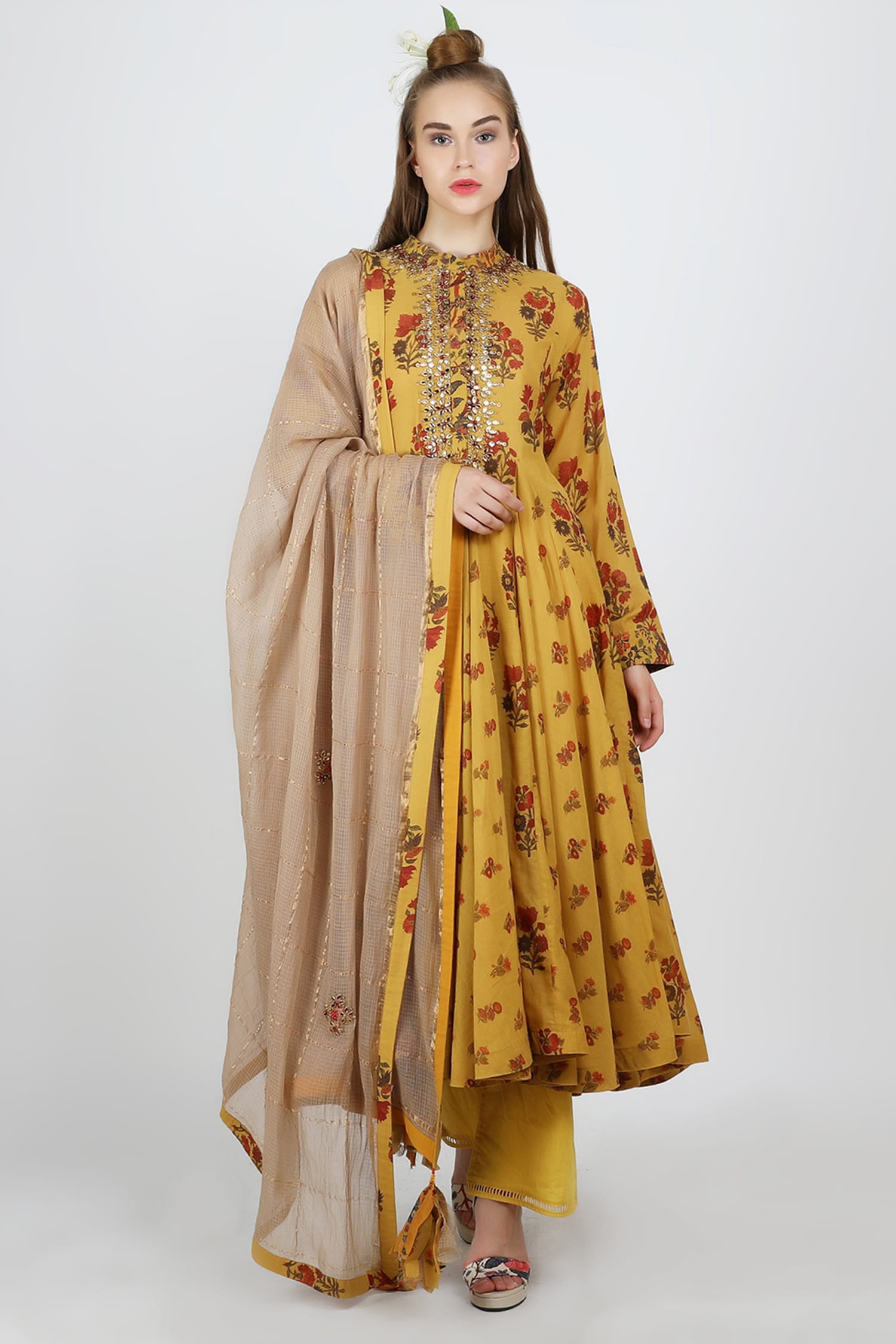 Nikasha Yellow Cotton Silk Printed Anarkali And Pant Set