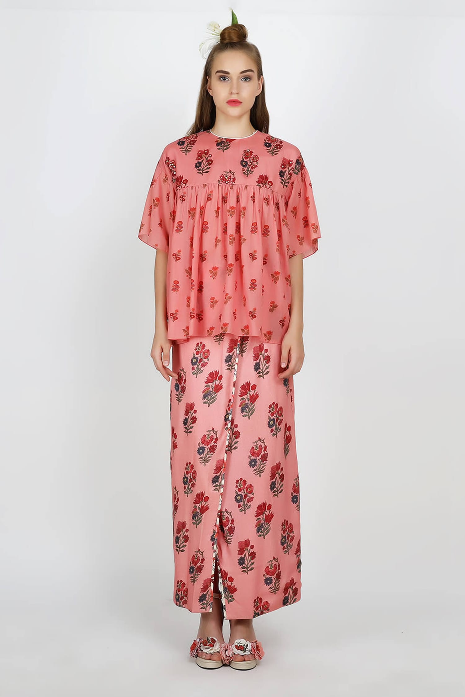 Nikasha Pink Round Printed Silk Top And Wrap Skirt Set For Women