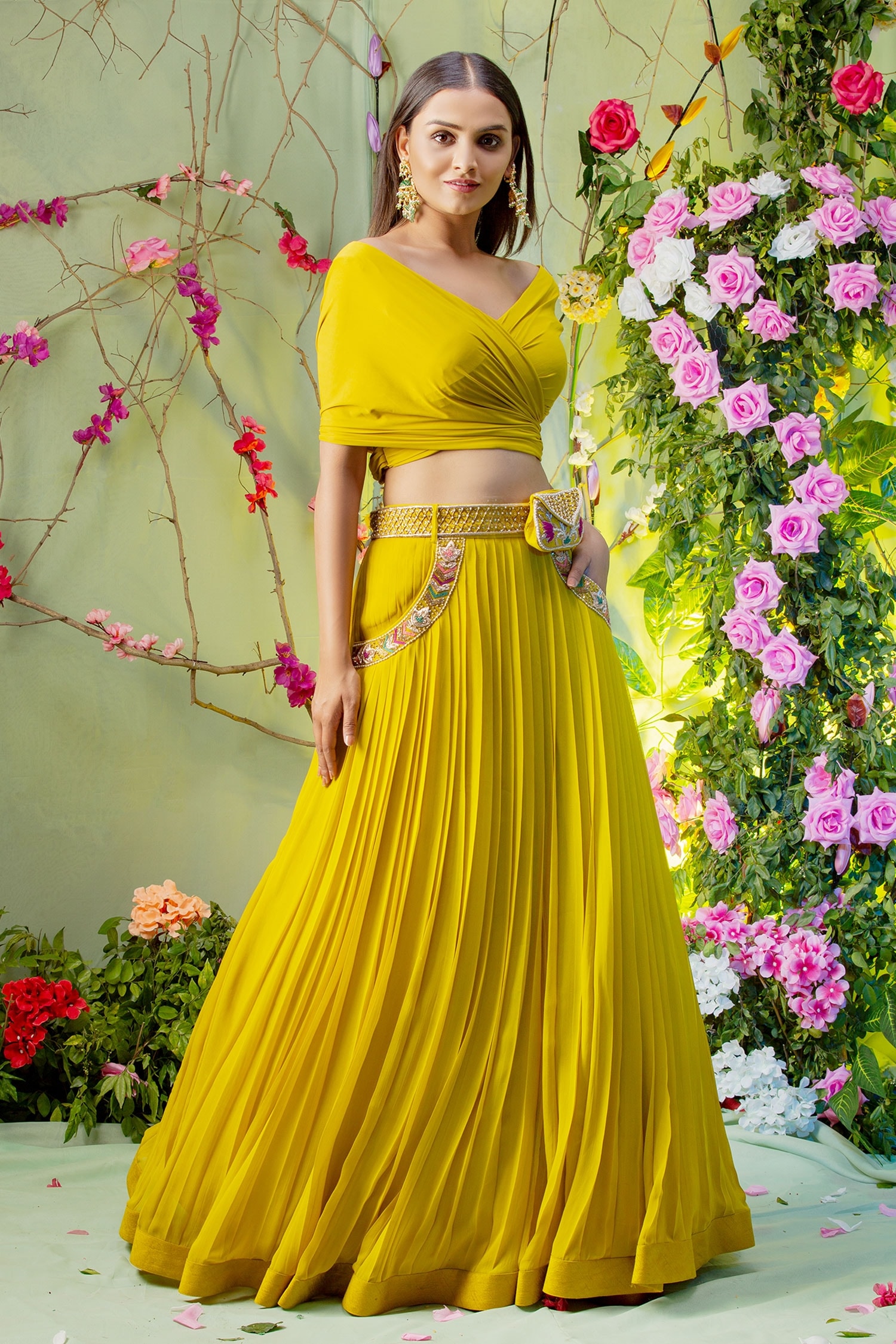 Buy Yellow Viscose Lycra Embroidery One Shoulder Lehenga Set For Women ...