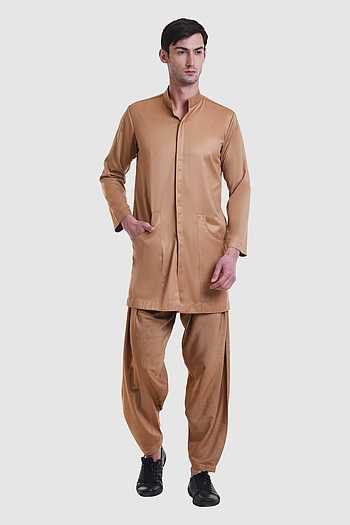 Men Brown Cotton Suitings Plain Kurta 
