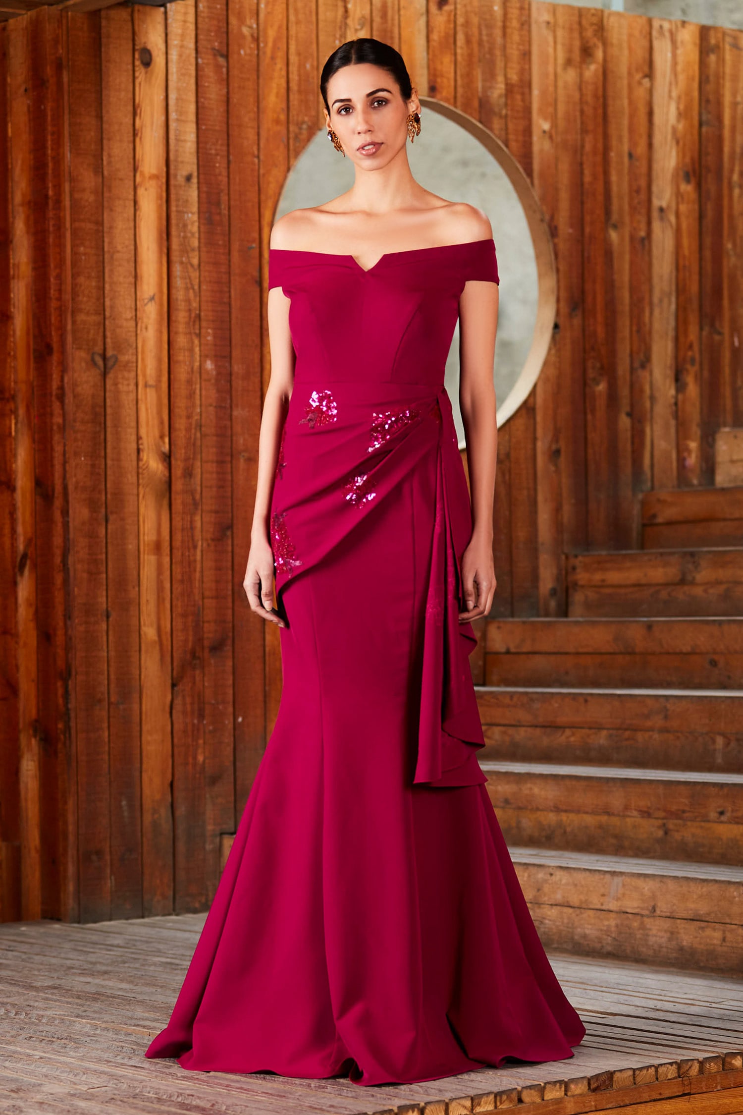 Buy Pink Crepe Spandex Notched One Shoulder Trumpet Gown For Women by ...